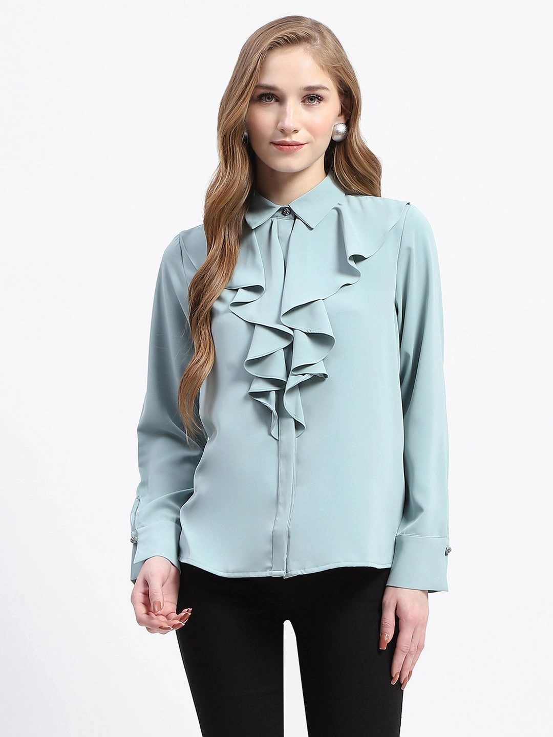 Madame Ruffle Collar Solid Grey Shirt Ventilated Back Panel Lightweight Fabric