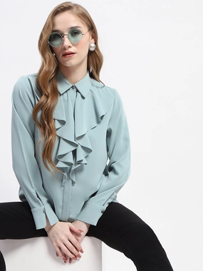 Madame Ruffle Collar Solid Grey Shirt Edgy Fashion Premium Fabric