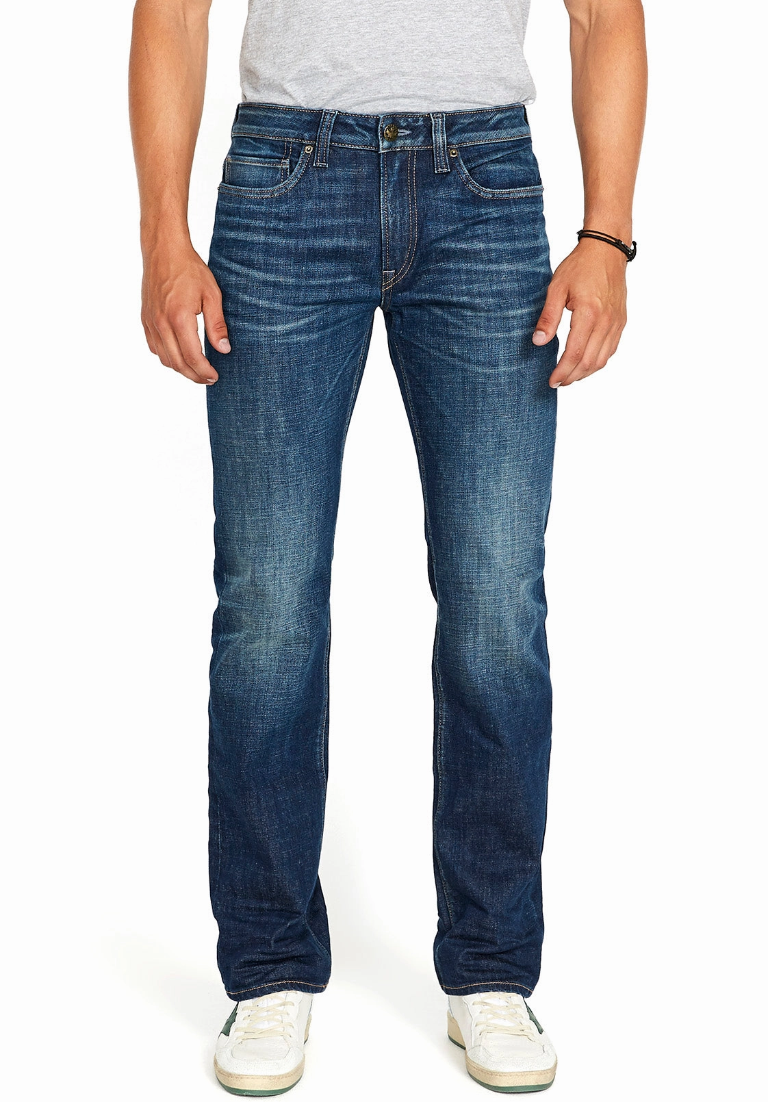 Casual Style Refined Detail Relaxed Straight Driven Men's Jeans in Dark Blue Sanded- BM22640