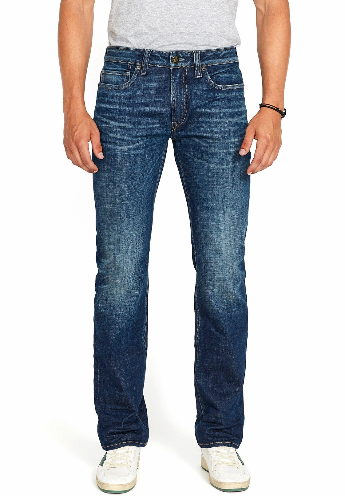 Weekend Style Smooth Casual Fit Relaxed Straight Driven Men's Jeans in Dark Blue Sanded- BM22640