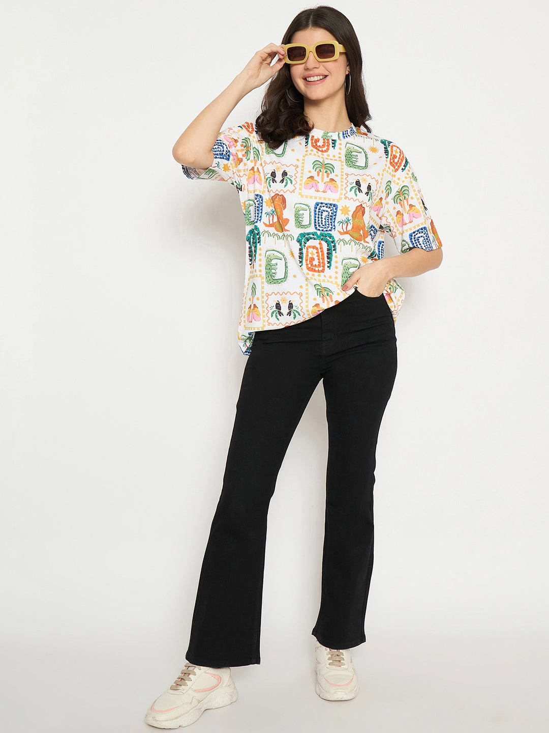 Multi Directional Mobility Madame All Over Graphic Print White T-shirt