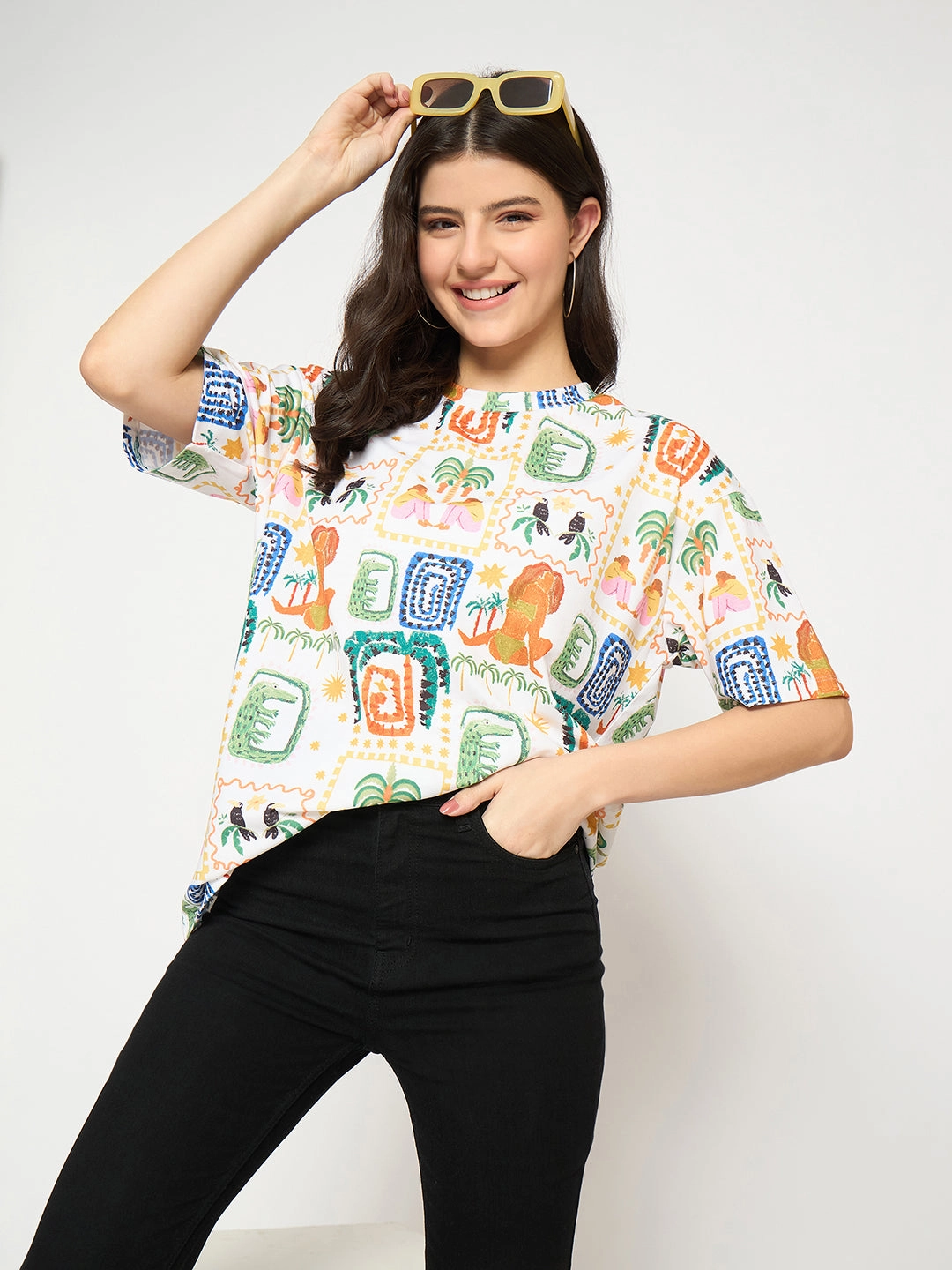 Madame All Over Graphic Print White T-shirt Comfortable Cotton