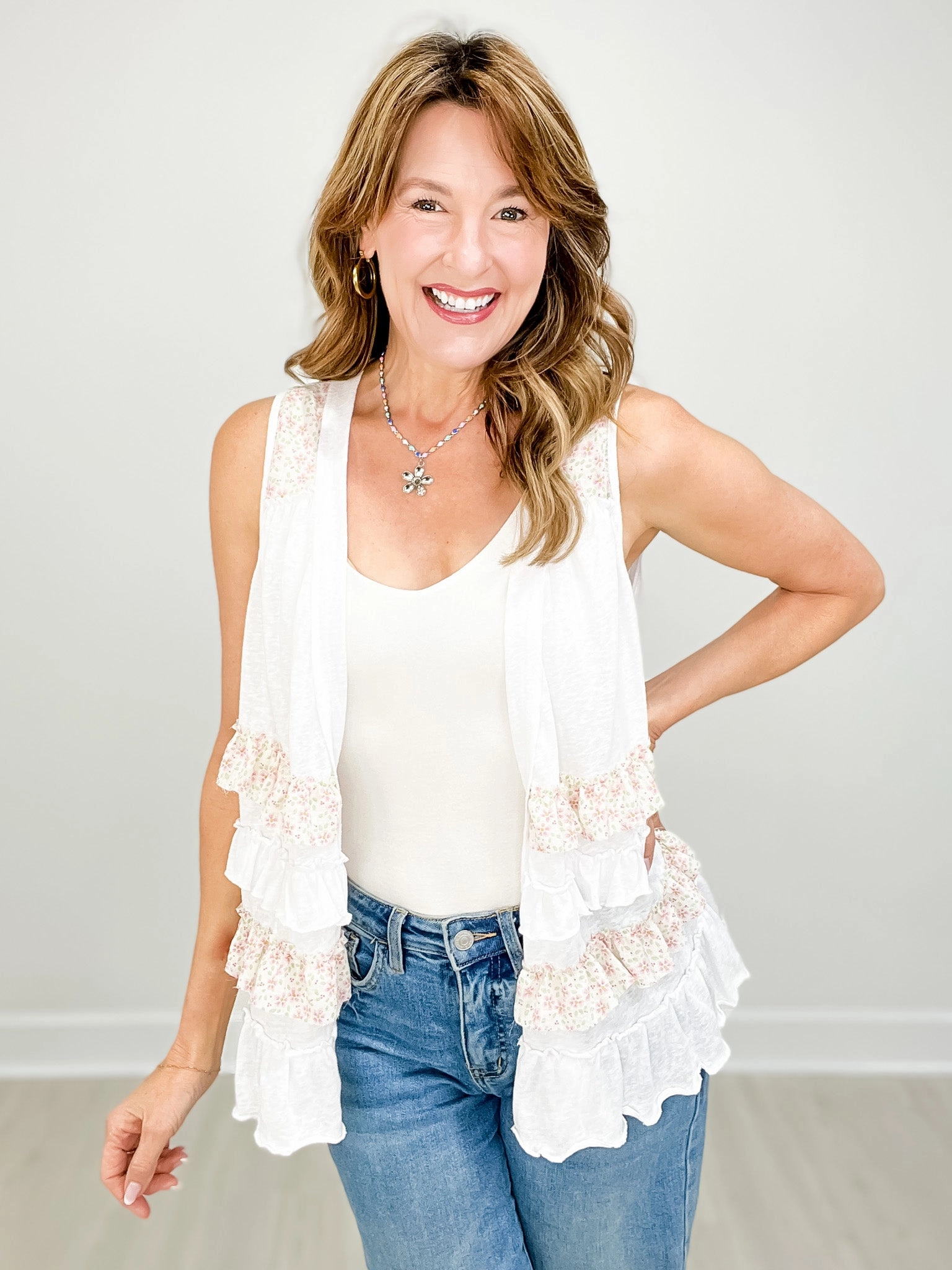 ArticulatedElbowShaping Ruffle Detail Sleeveless Open Front Cardigan Top