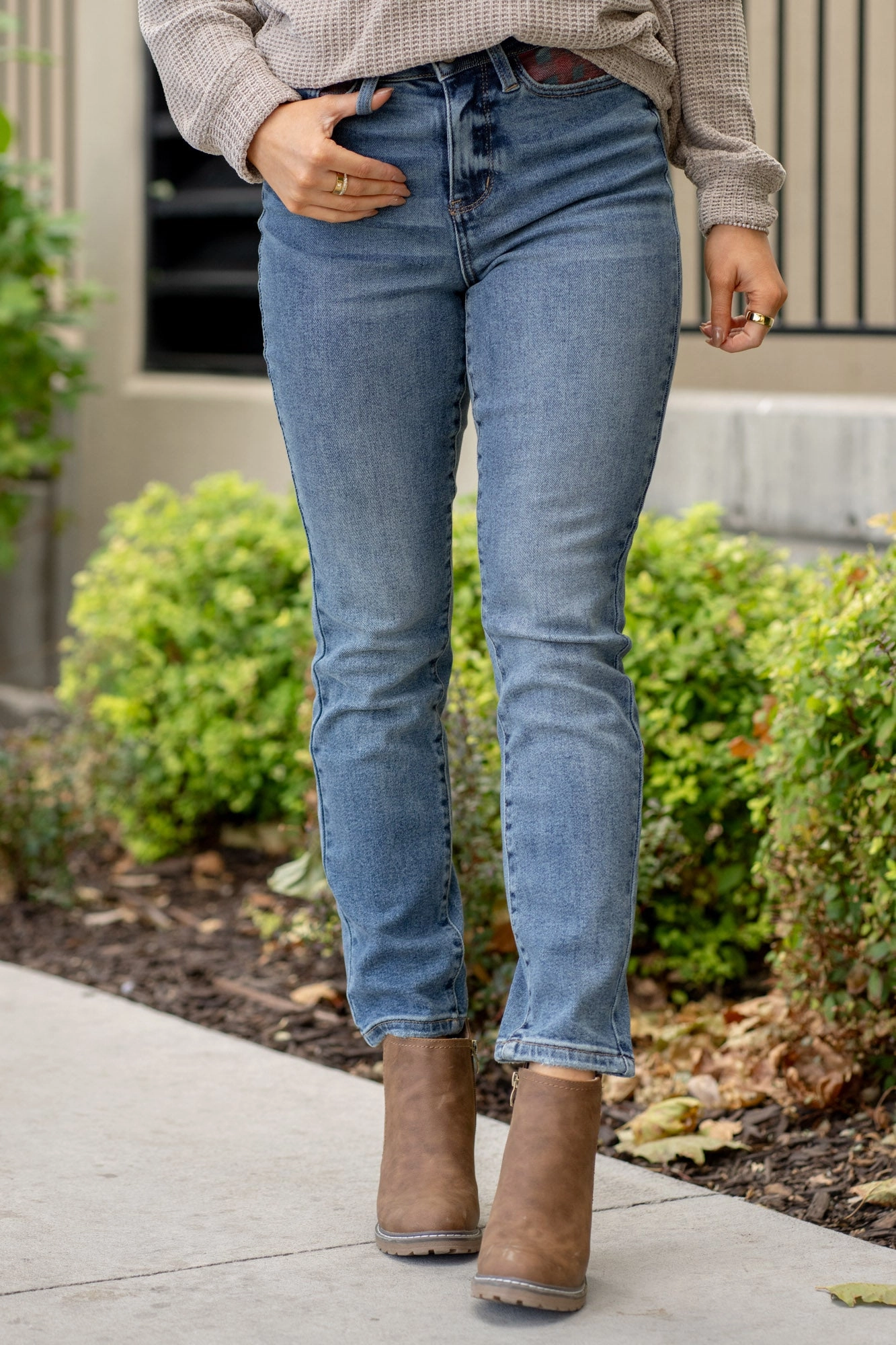 Plaid Patch High Rise Straight Leg Regular & Plus Sizes Wear Anytime