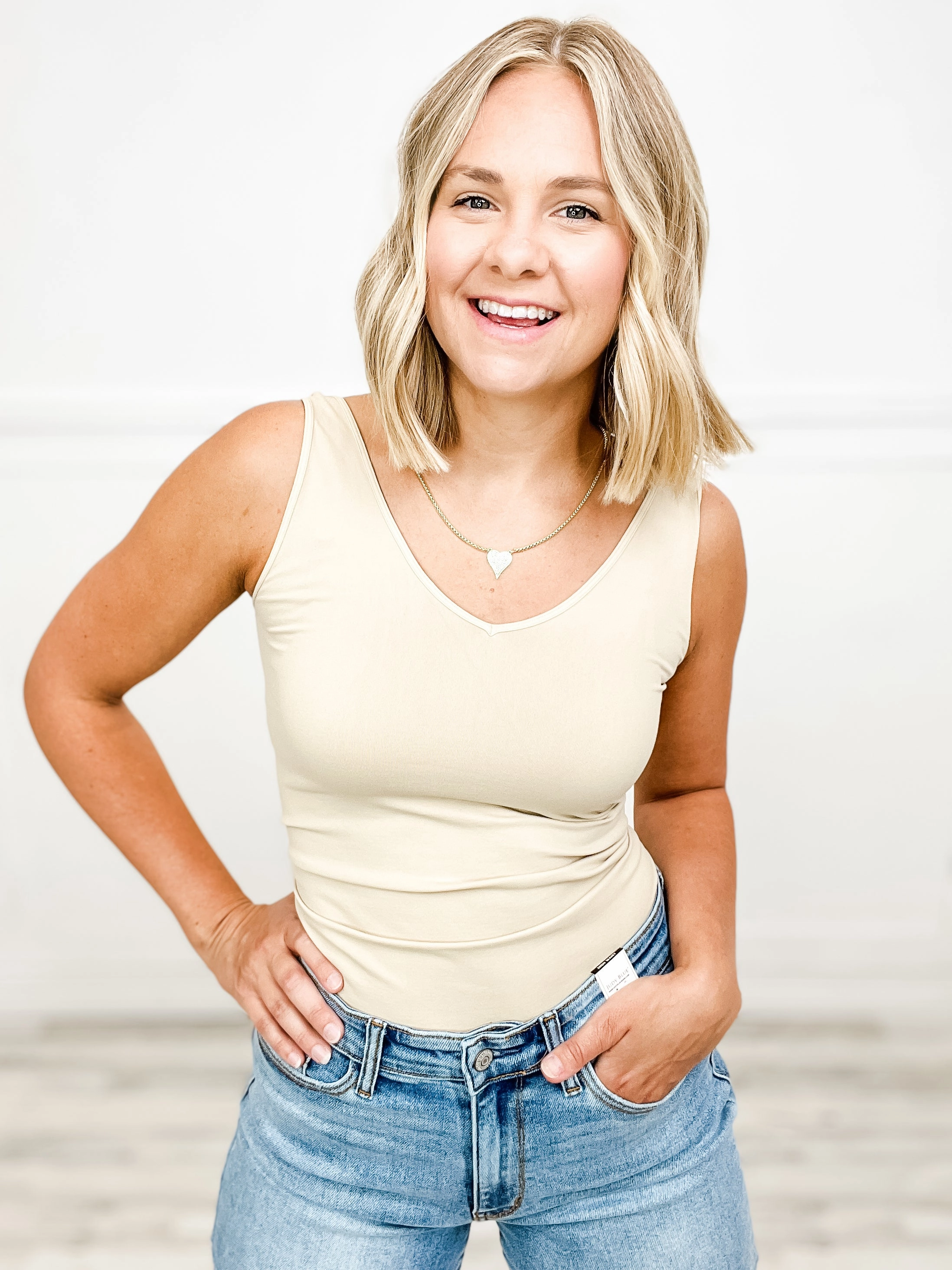 Multi Panel Cut Basic Long Sleeve Reversible (Scoop Neck or V-Neck) Double Sided Plain Jersey Tank Top