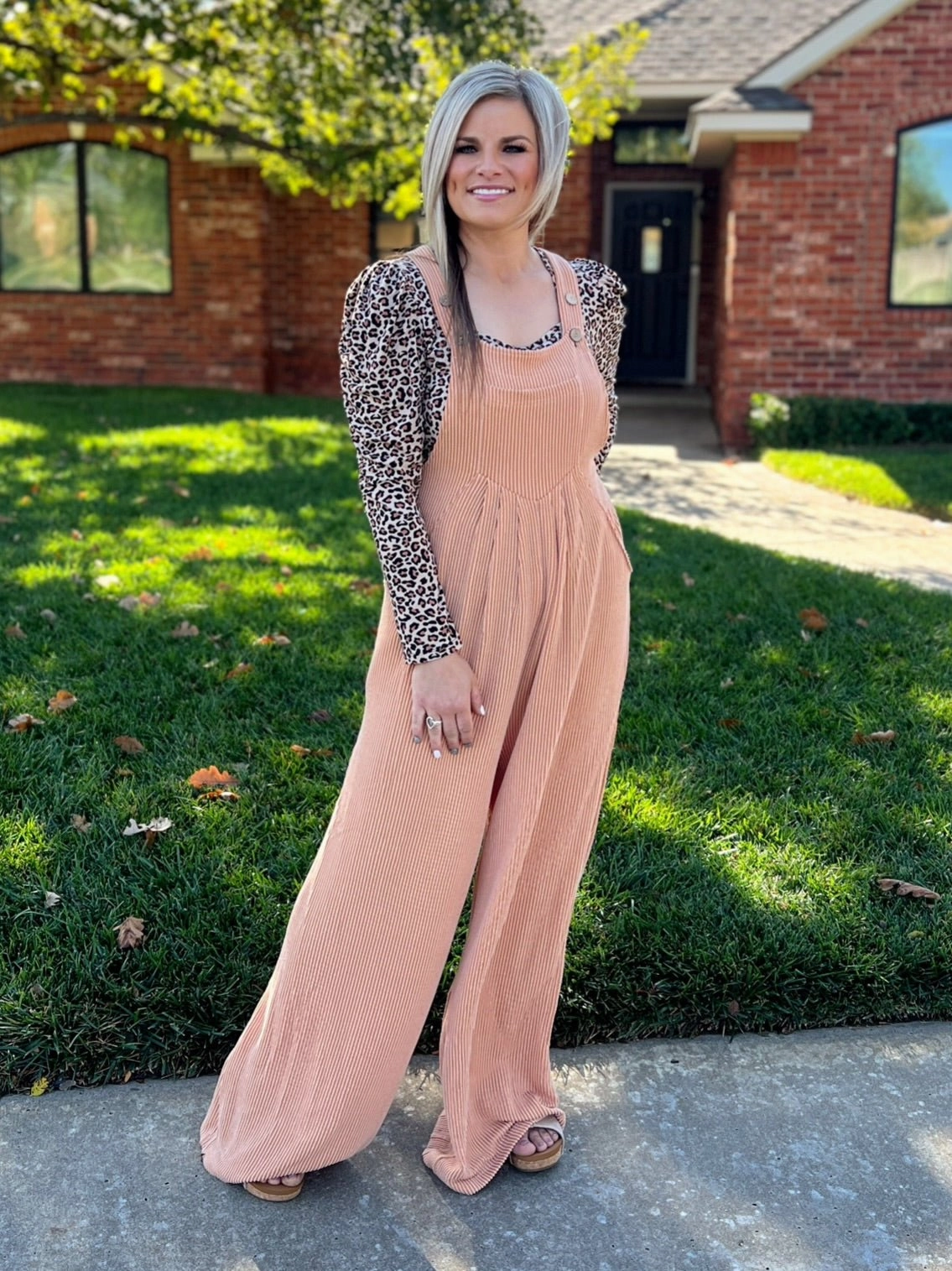 Ribbed And Textured Wide Leg Overalls - Latte Street Style NonSlipInnerGrip