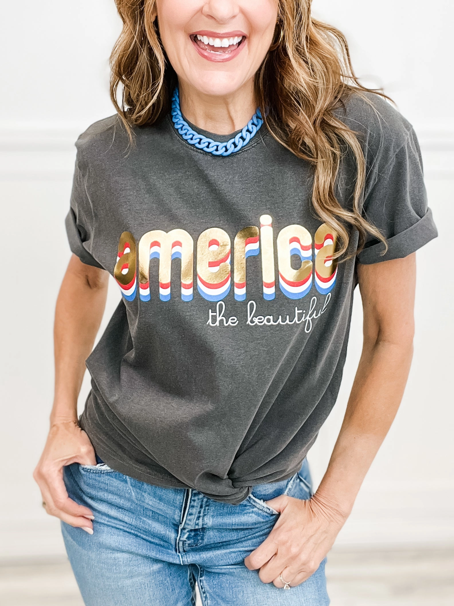America The Beautiful Gold Foil Graphic Tee TactileWeave Multi Panel Construction