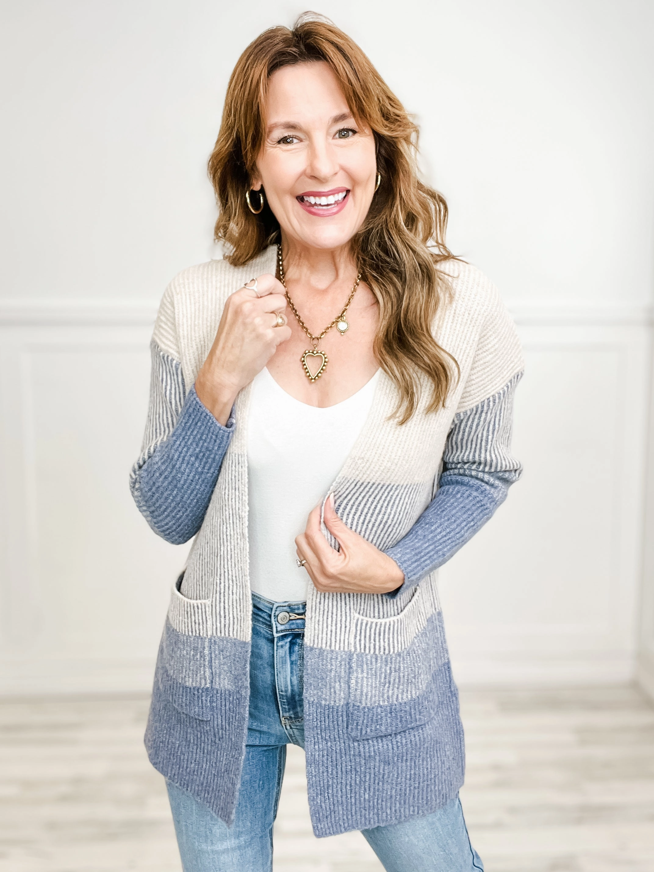 Ribbed Color Block Super Soft Yard Open Front Cardigan in Indigo Perfect Wear Resilient Stretch Fabric