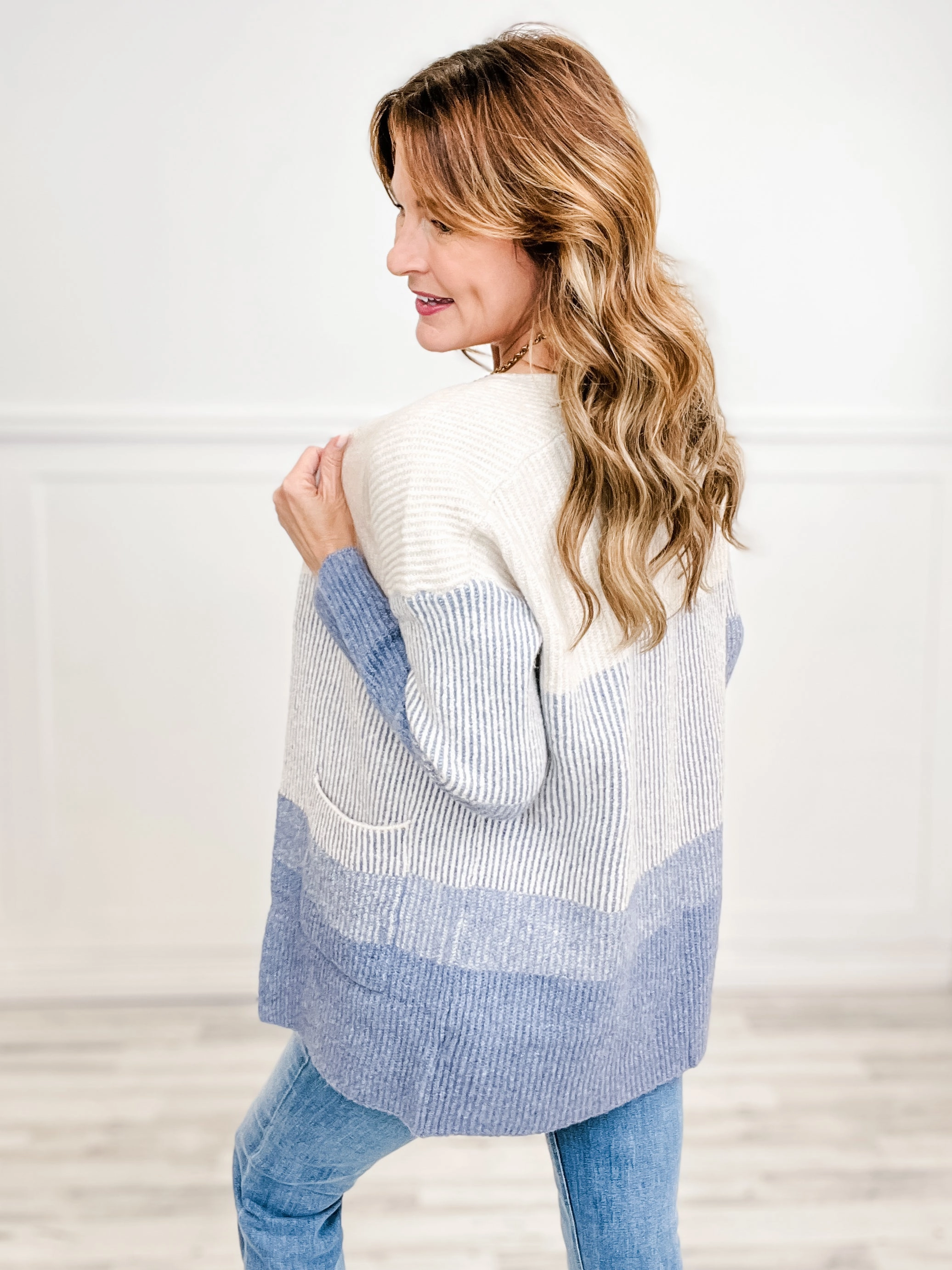 Trendy Layer Ribbed Color Block Super Soft Yard Open Front Cardigan in Indigo