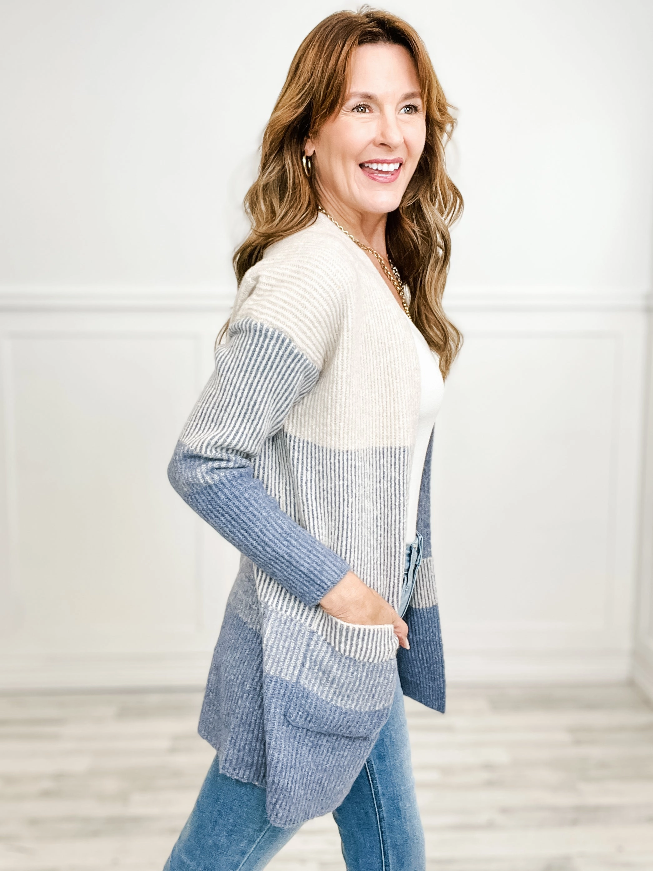 Ribbed Color Block Super Soft Yard Open Front Cardigan in Indigo Textured Weave
