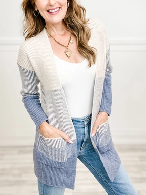 Ribbed Color Block Super Soft Yard Open Front Cardigan in Indigo Knit Essentials Fashionable Look