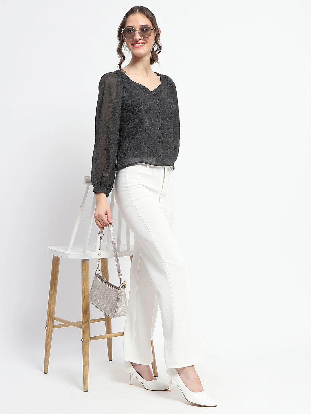 QuickPackFoldableDesign Madame Floral Print Queen Anne Neck Buttoned Black Top