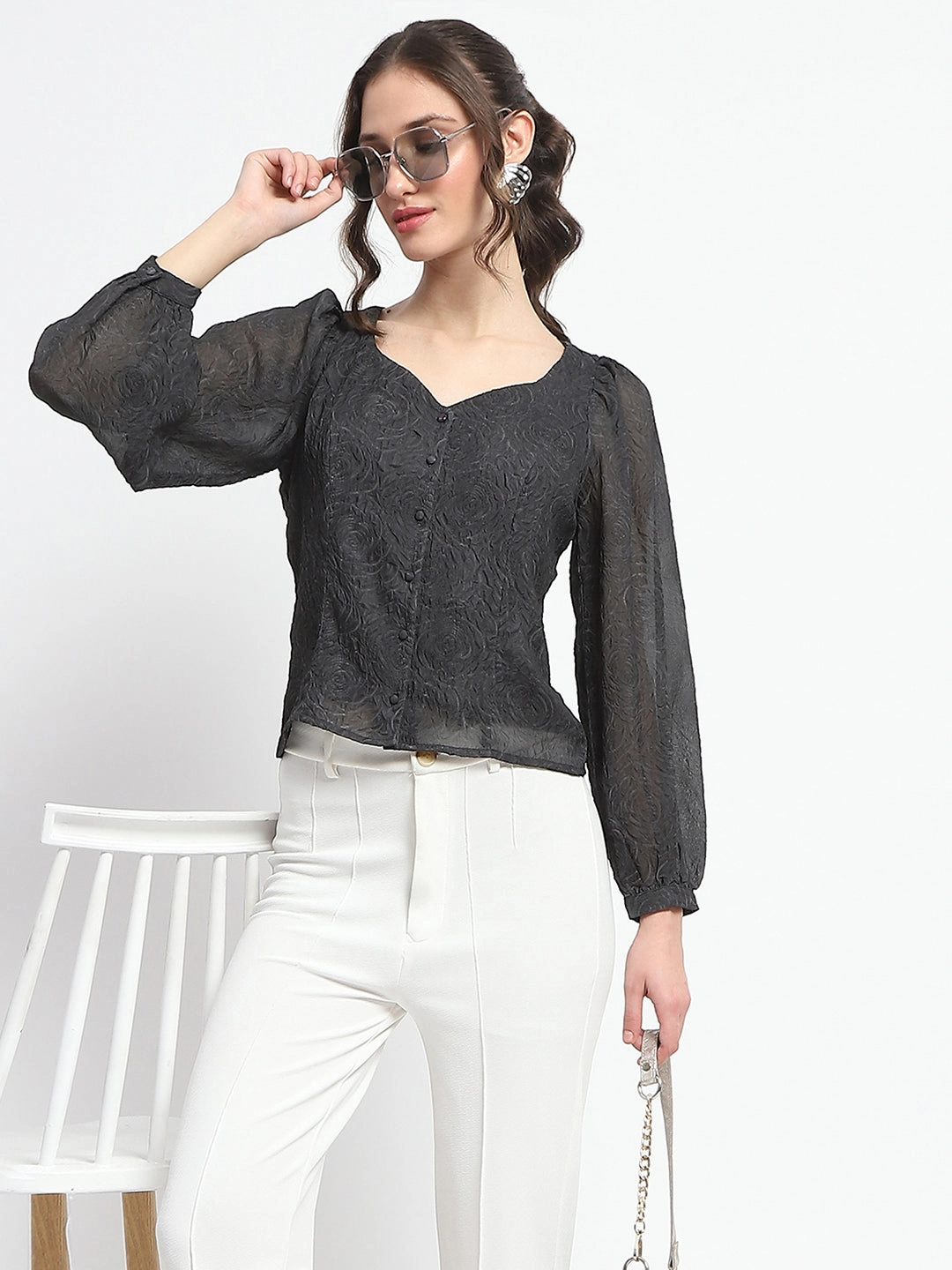 Reinforced Elbow Patches Madame Floral Print Queen Anne Neck Buttoned Black Top