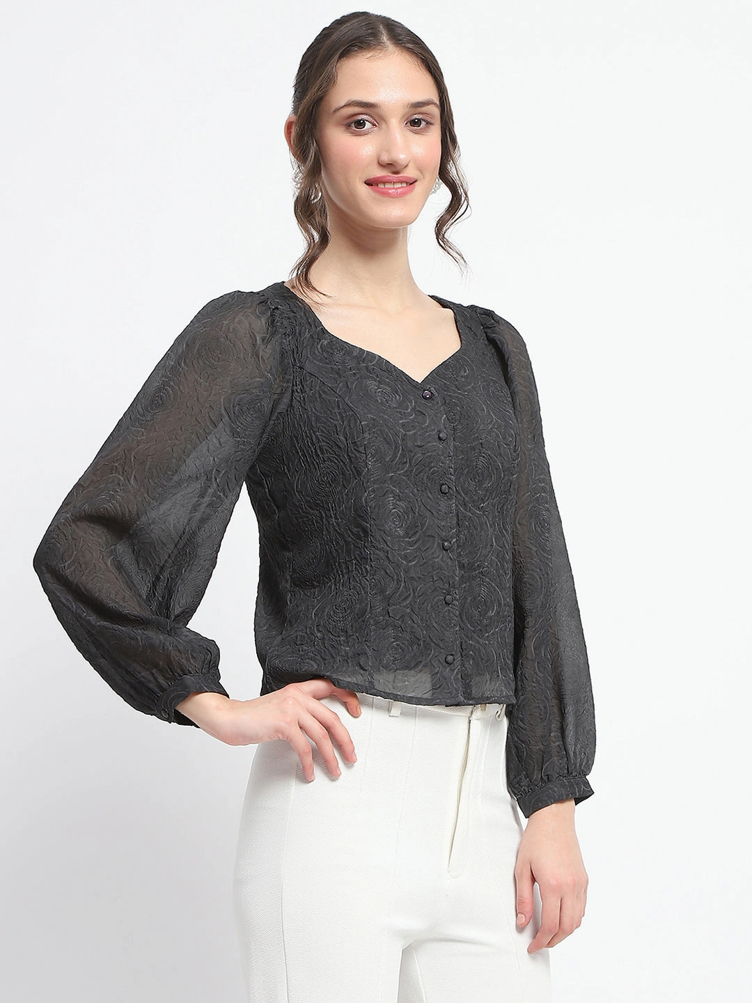 Madame Floral Print Queen Anne Neck Buttoned Black Top Non Slip Shoulder Seams AthleisureCompatible