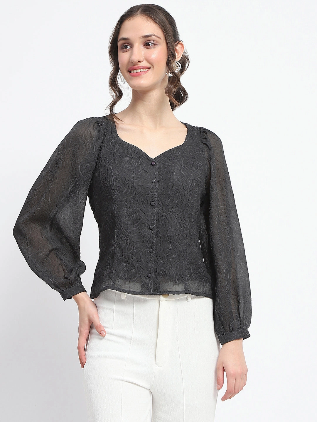 Madame Floral Print Queen Anne Neck Buttoned Black Top MultiFunctionalDesign