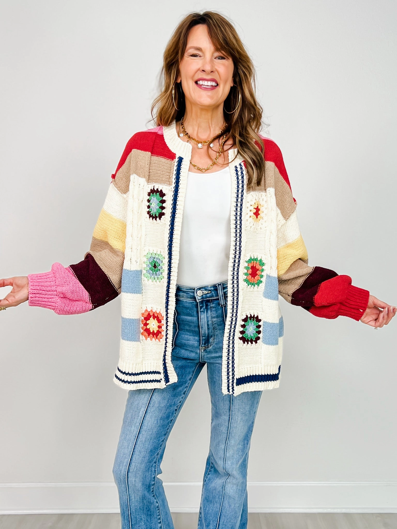 Balloon Sleeve Cardigan with Handmade Patch Detail Turtleneck