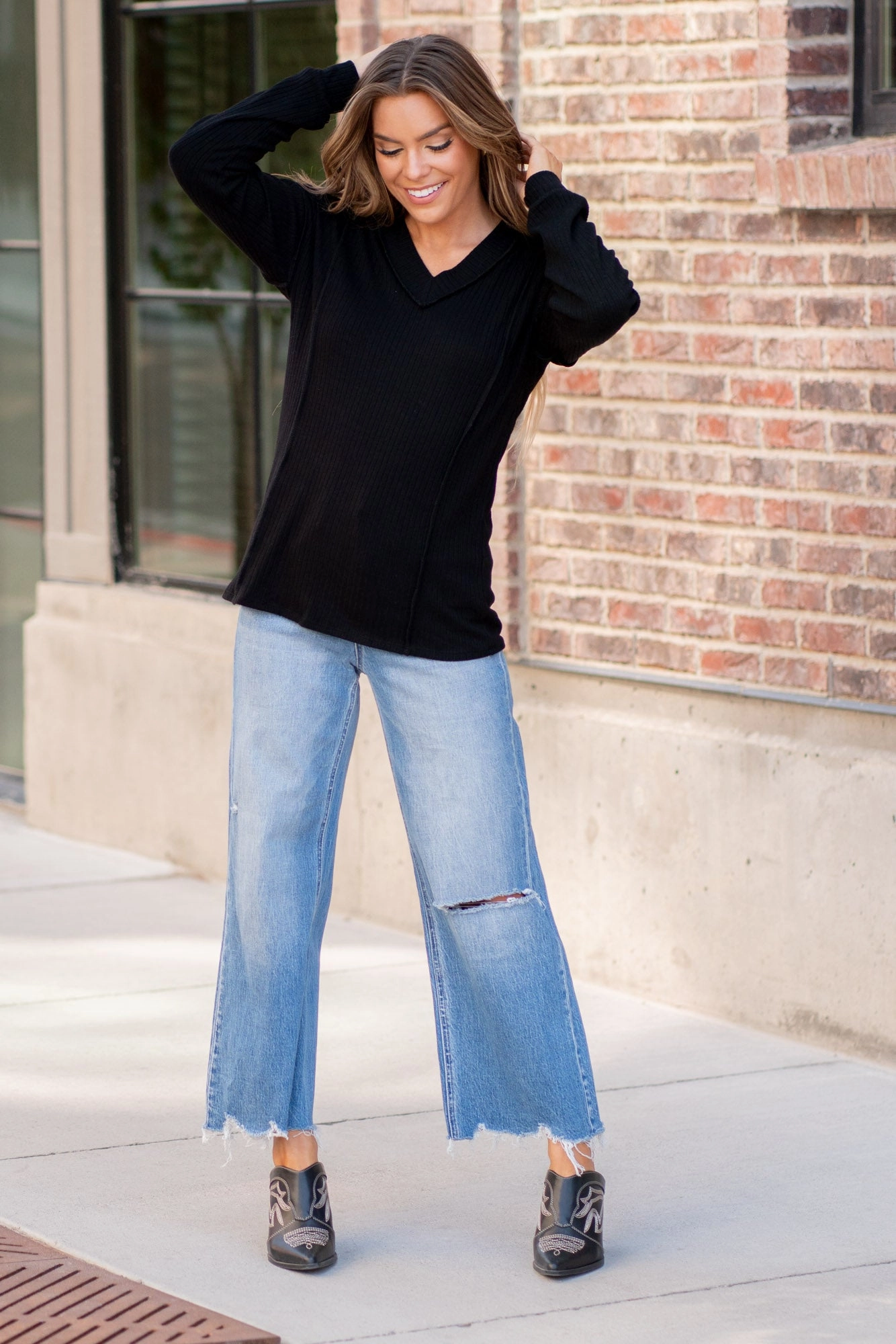 Ribbed V-Neck Exposed Seam Top Regular & Plus Sizes Reinforced Shoulders