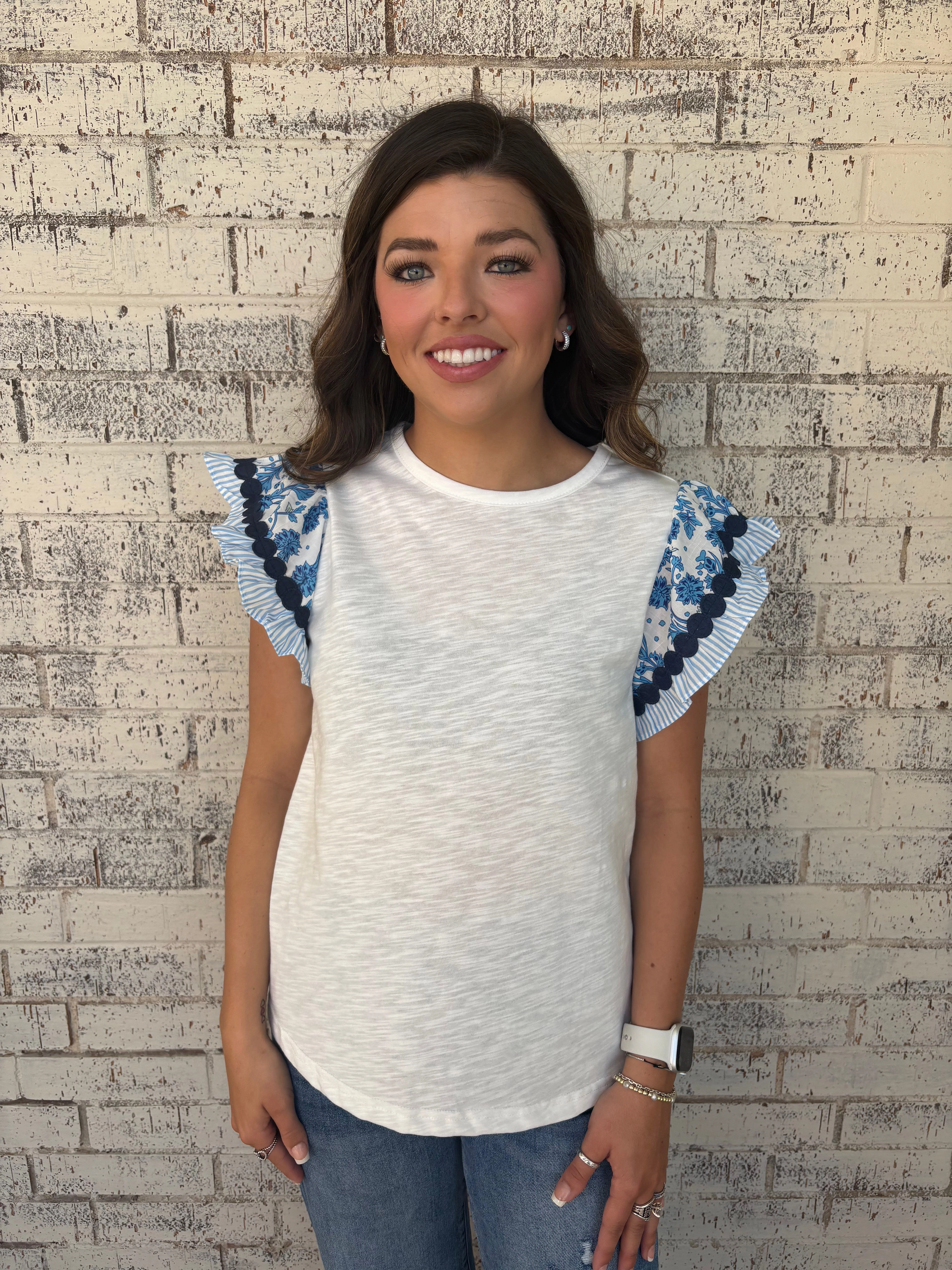 Ricrac Trim Printed Flutter Sleeve Contrast Blouse 2 Colors Durable Stitching