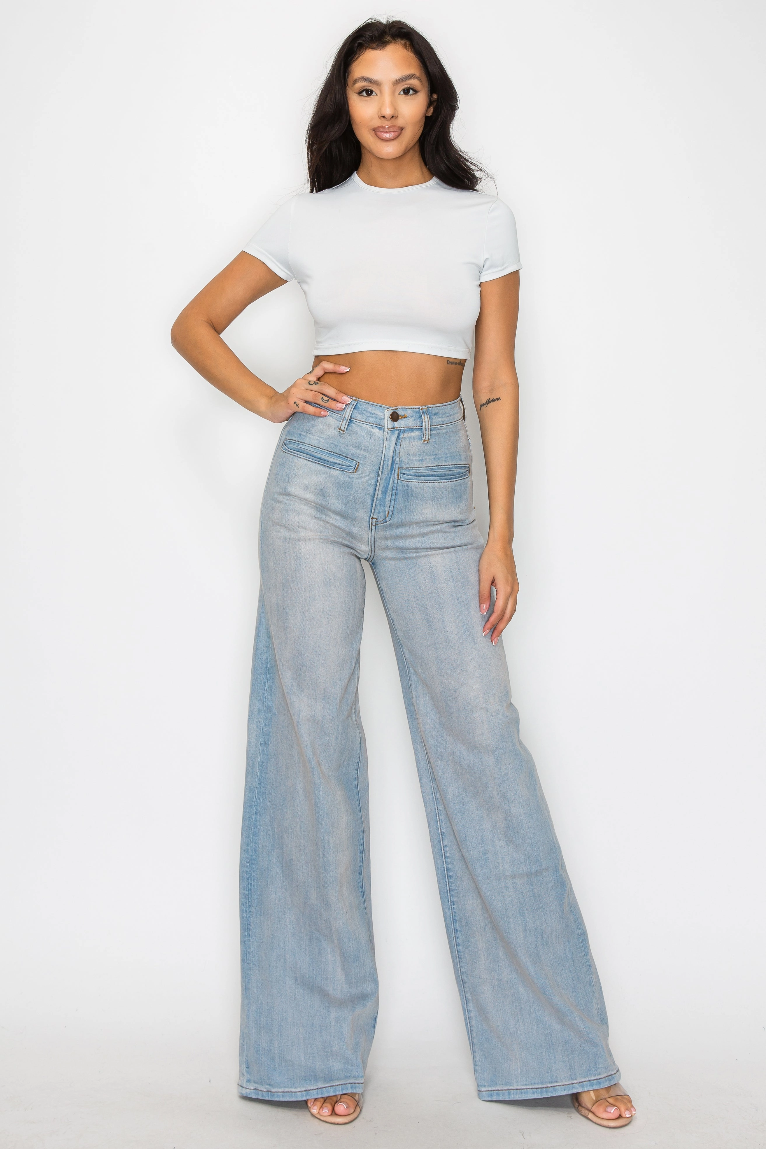 40767 High Rise Wide Leg Vintage Washed Jean Softened Fabric Trendy Evening Stroll