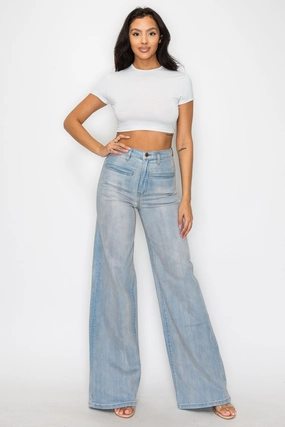 40767 High Rise Wide Leg Vintage Washed Jean Softened Fabric Trendy Evening Stroll