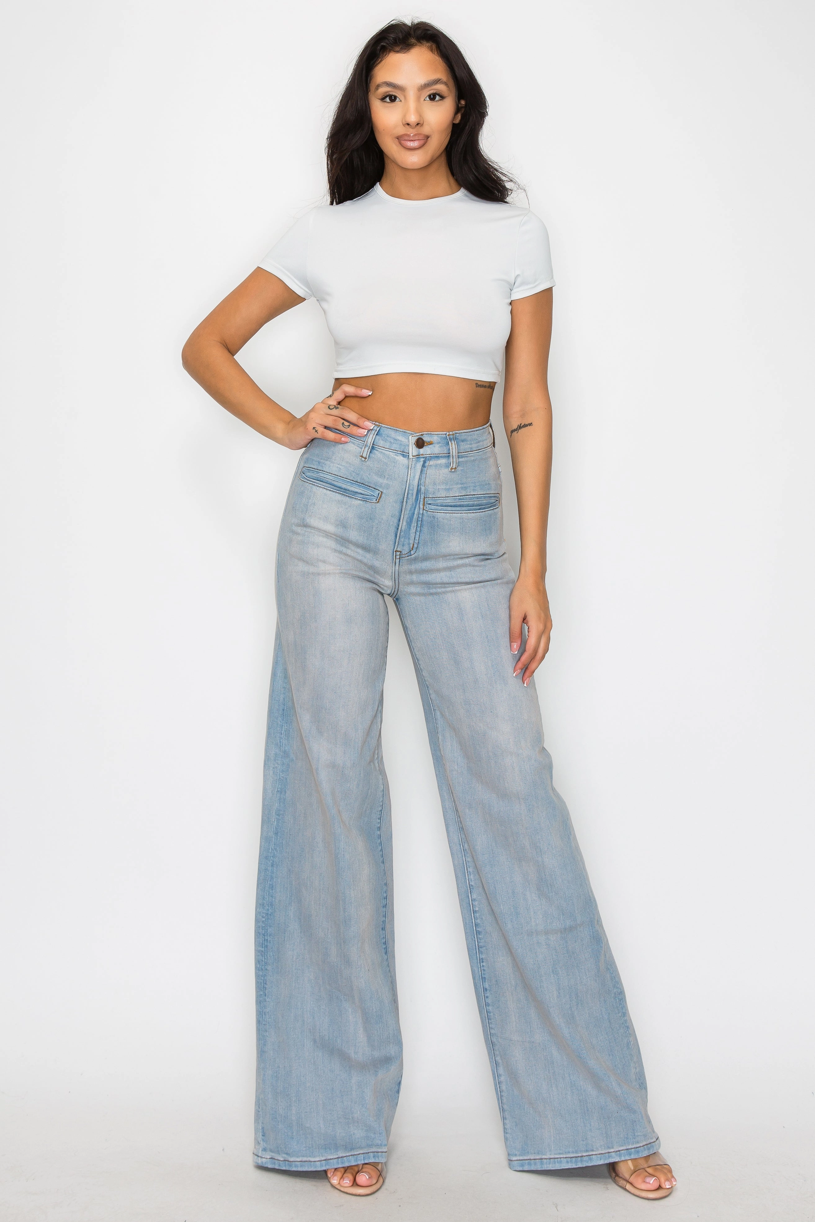 Circular Knit Construction Flex Knit Waist Panel 40767 High Rise Wide Leg Vintage Washed Jean