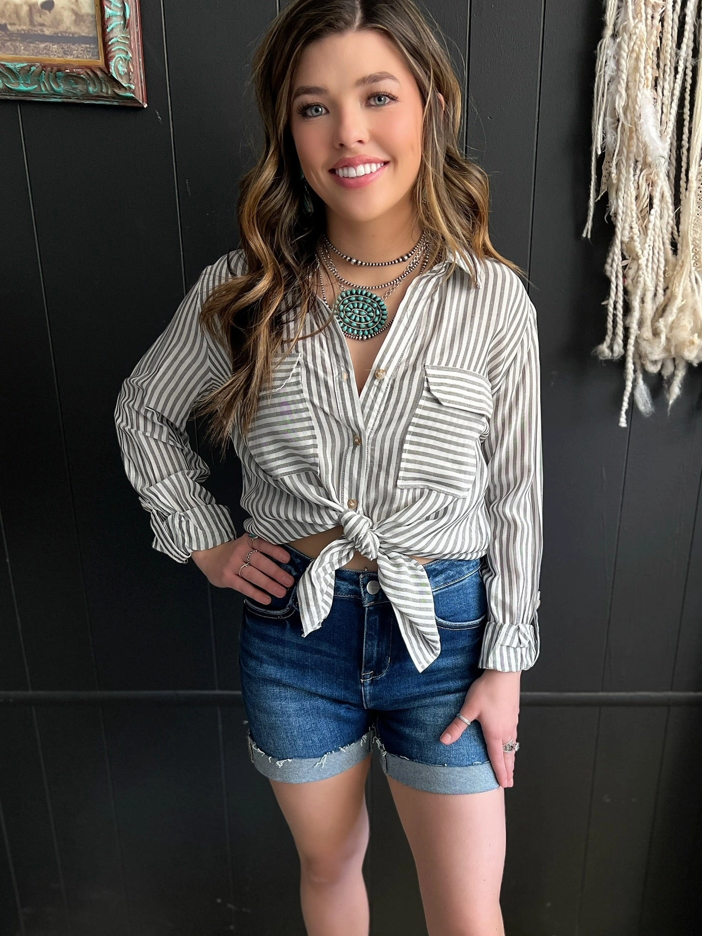 Risen Dark Wash High Rise Cuffed Denim Shorts AntiSnagZippers Active Motion