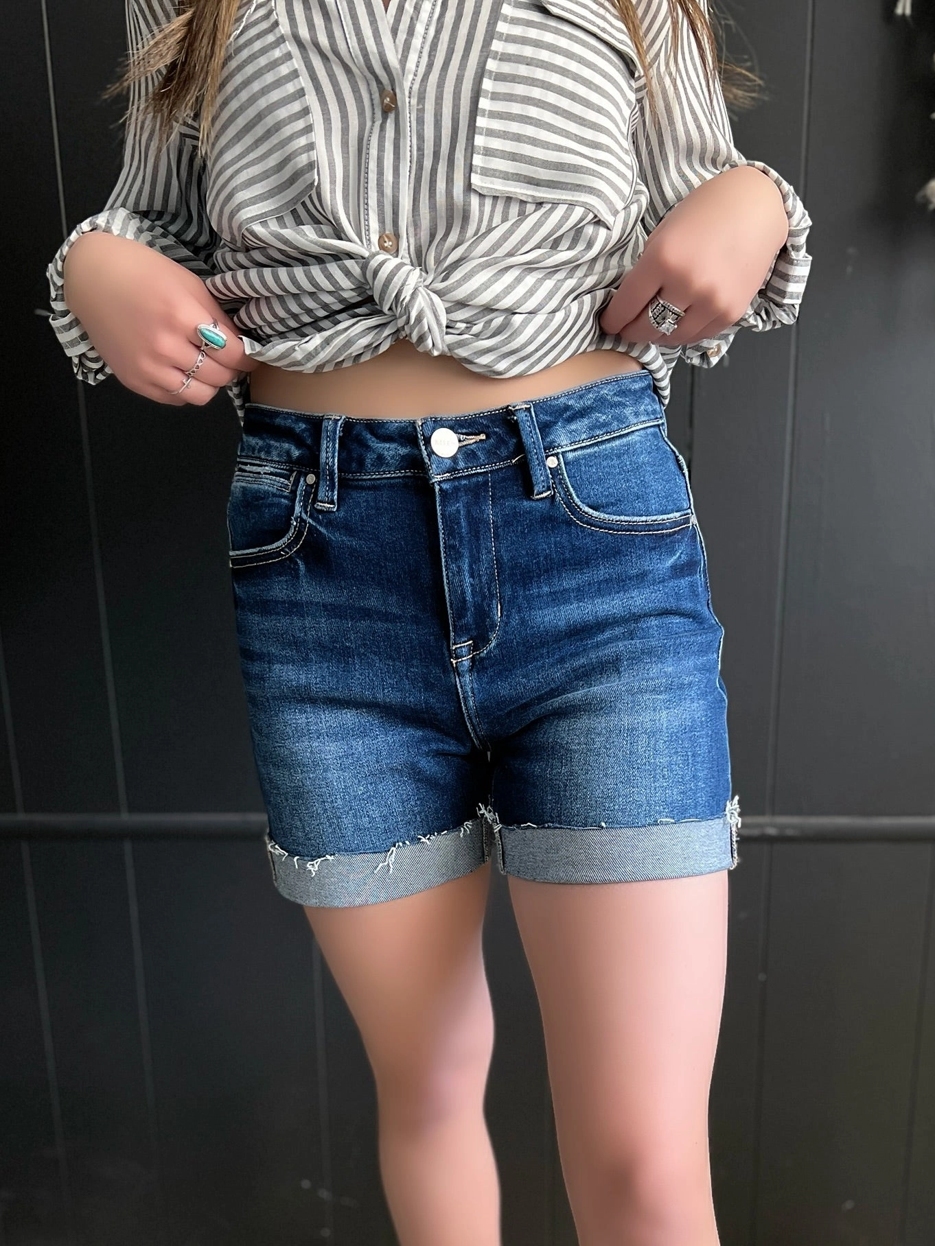 Bold Design Risen Dark Wash High Rise Cuffed Denim Shorts