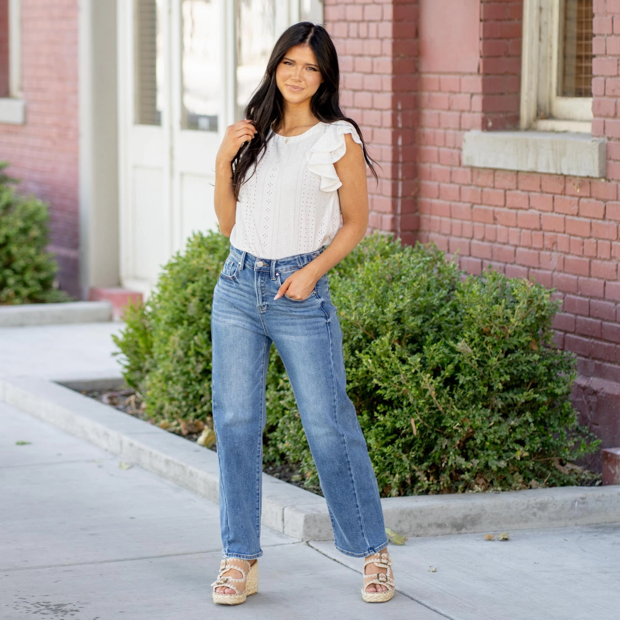 Function Fit Autumn Days Family Style Eco Friendly Risen Haven High Rise Adjustable Barrel Crop Jeans Dark Blue Wash