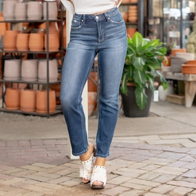 Risen Horizon Tummy Control Top High Rise Straight Leg Dark Blue Wash Tapered Leg Profile Chic Essentials