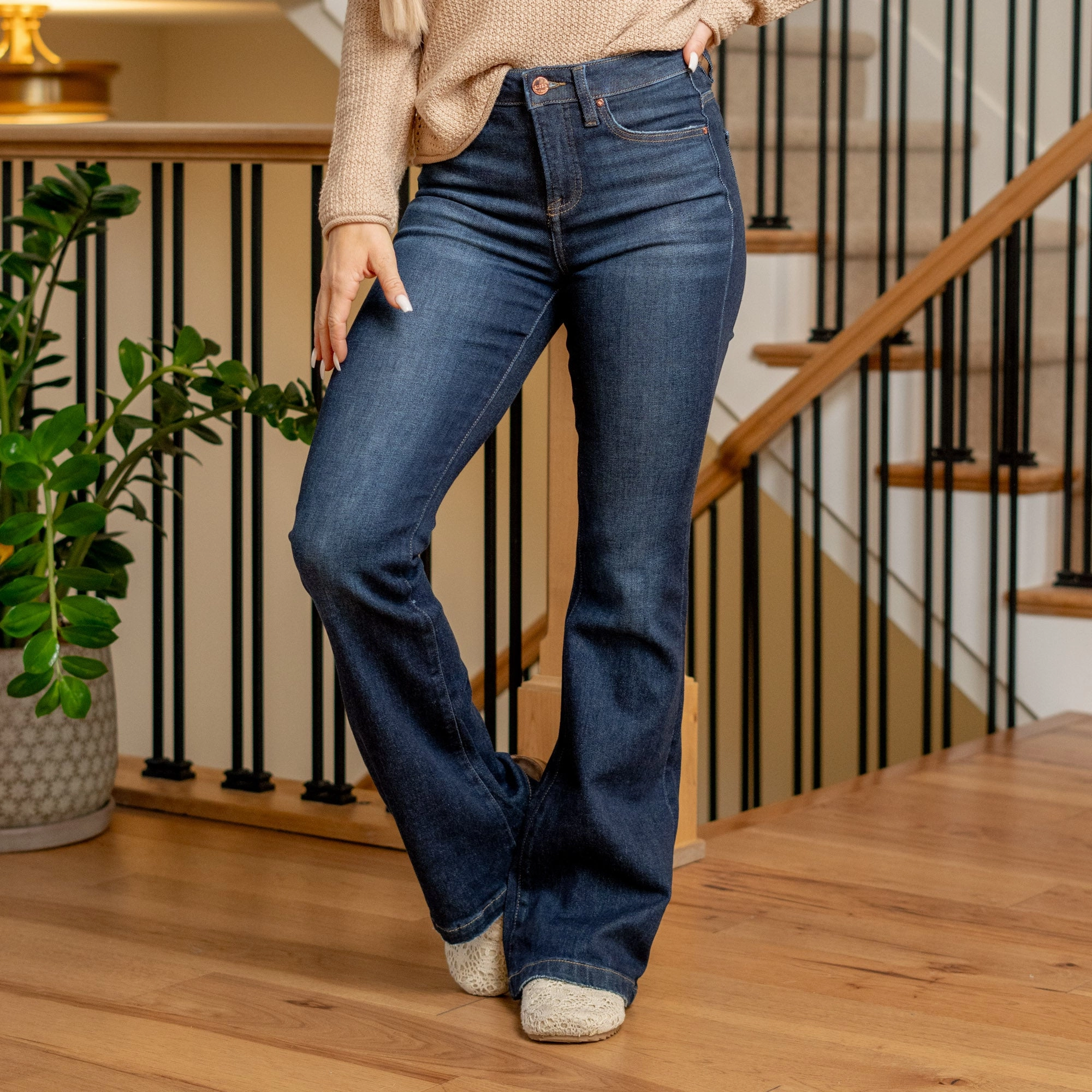 Risen Sadie Tummy Control Top High Rise Flare Jeans Dark Blue Wash Regular & Plus Sizes Weekend Warrior Smooth Minimal Fading