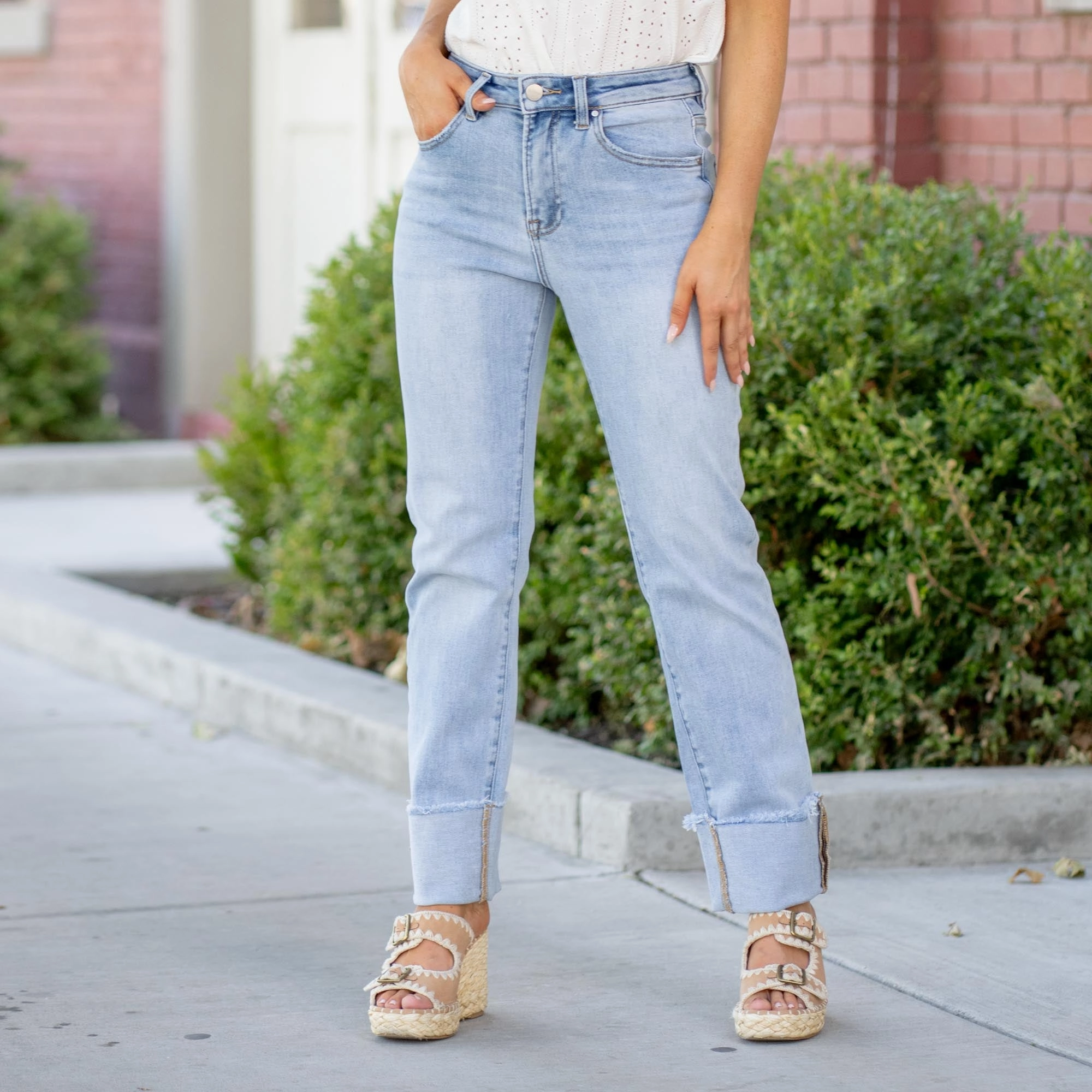 Risen Serene High Rise Relaxed Straight Cuffed Jeans Regular & Plus Sizes Wide Leg Silhouette Work Ready Lightweight Textured