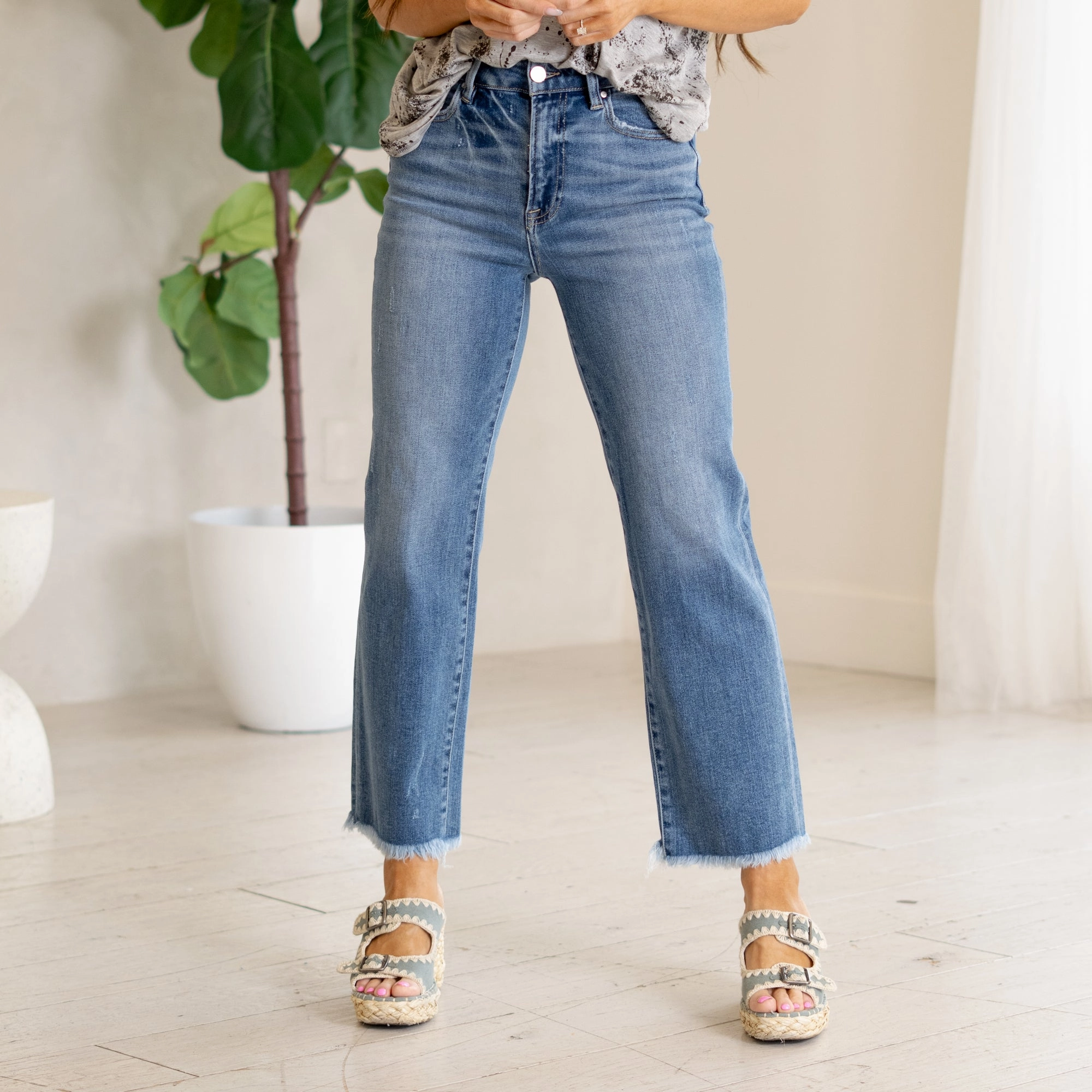 Risen Skyfall High Rise Cropped Frayed Hem Straight Jeans Medium Blue Wash All Fit Use Smart Look