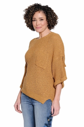 Anti Microbial Lining Fitted Blouse Roll Sleeve Sweater - Gold