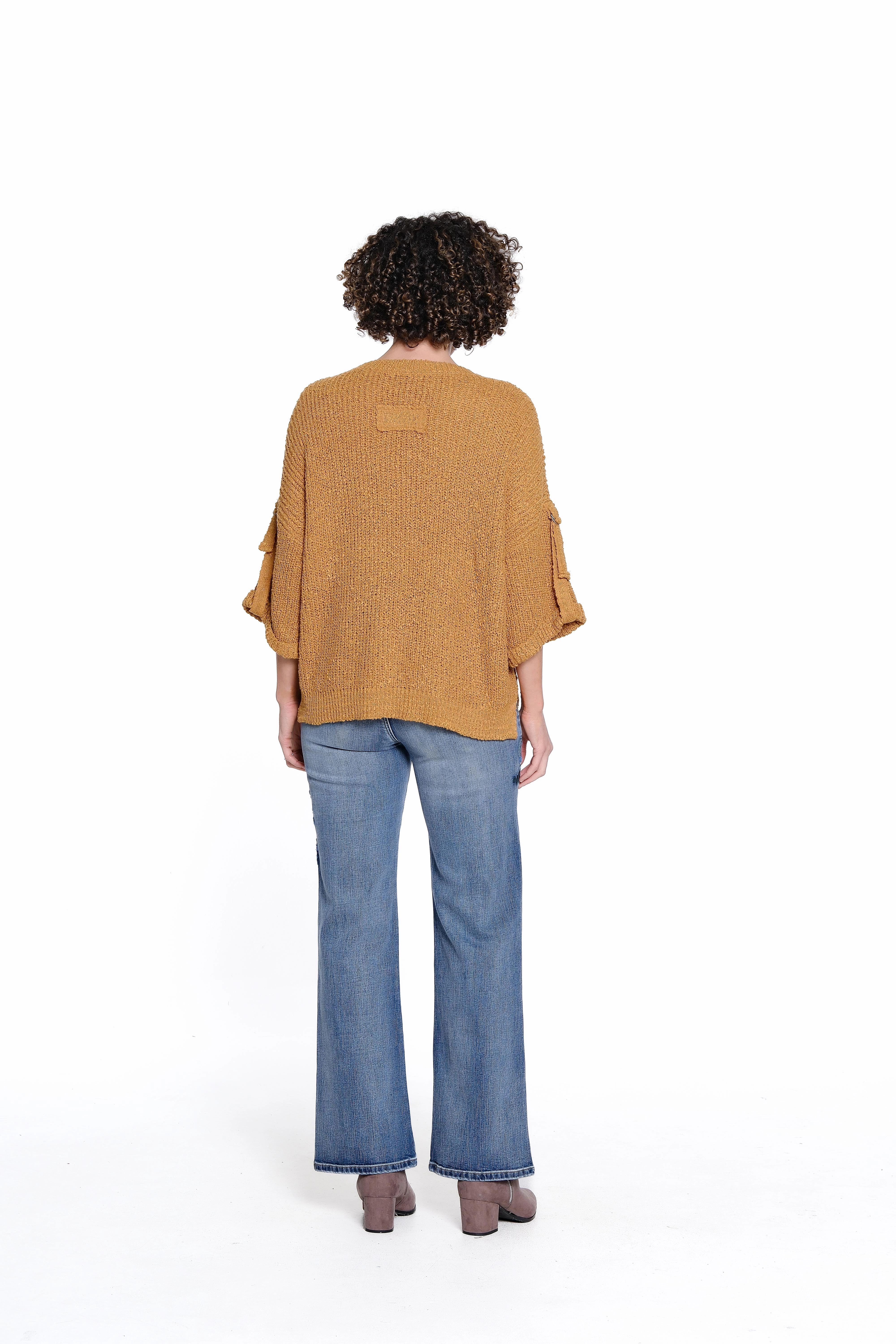 Soft Touch Fabric Roll Sleeve Sweater - Gold