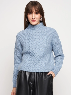 Madame Blue Knit Pullover Cozy Waistband Chilly Day Knitwear