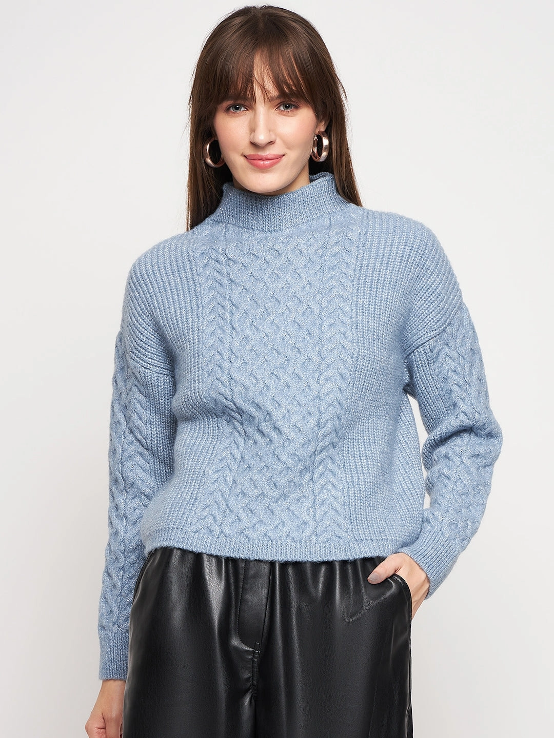 Madame Blue Knit Pullover Cozy Waistband Chilly Day Knitwear