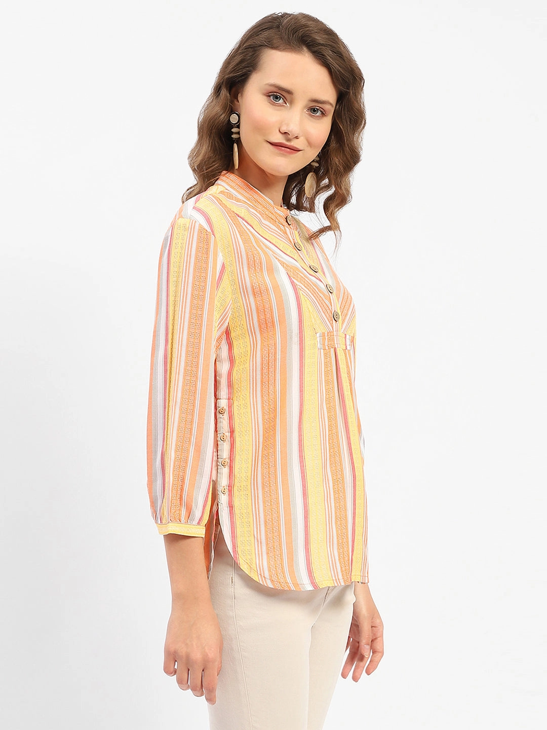 Anti Static Treatment Madame Mandarin Collar Modal Cotton Striped Shirt