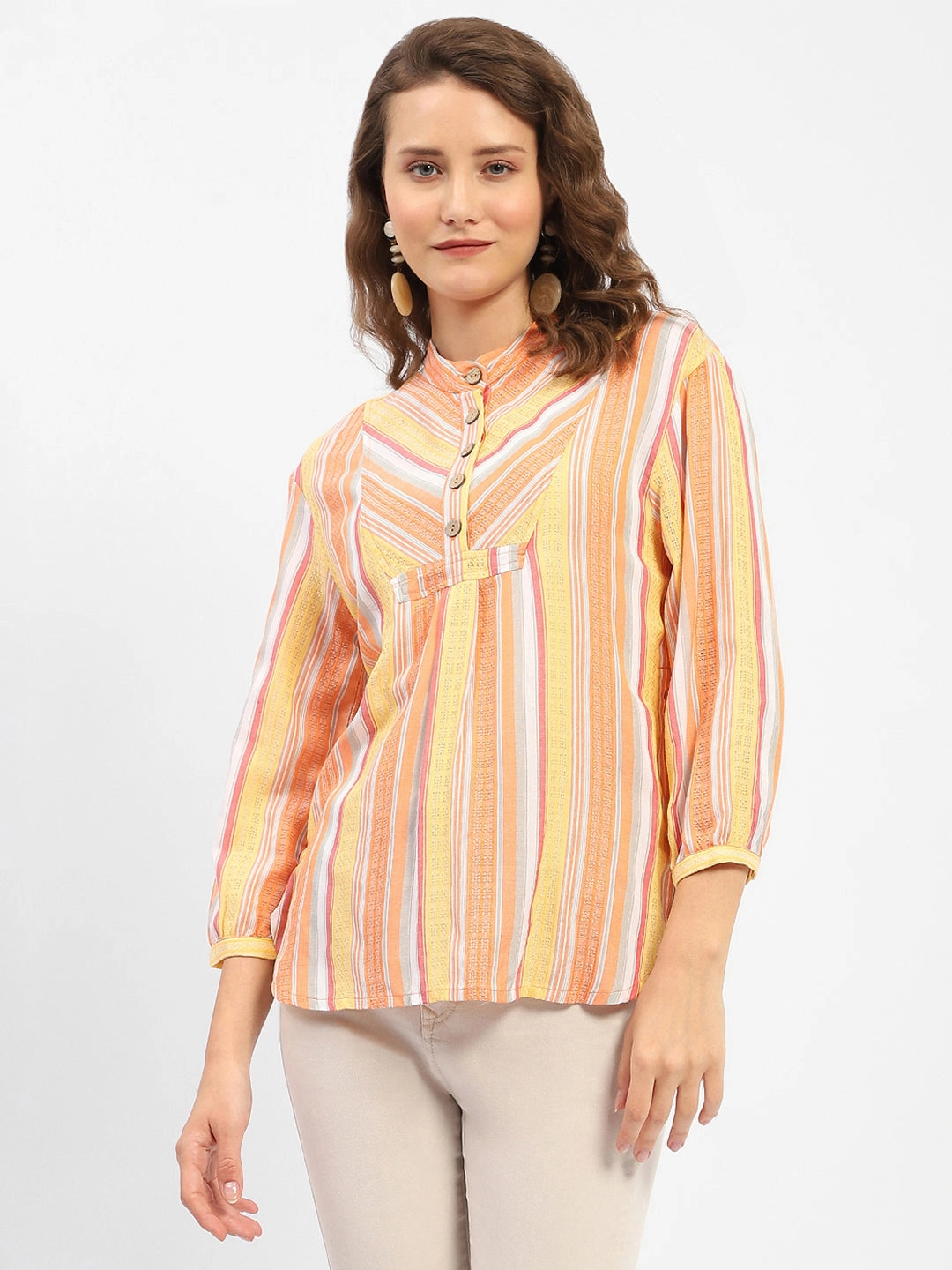 Madame Mandarin Collar Modal Cotton Striped Shirt Neutral Tones