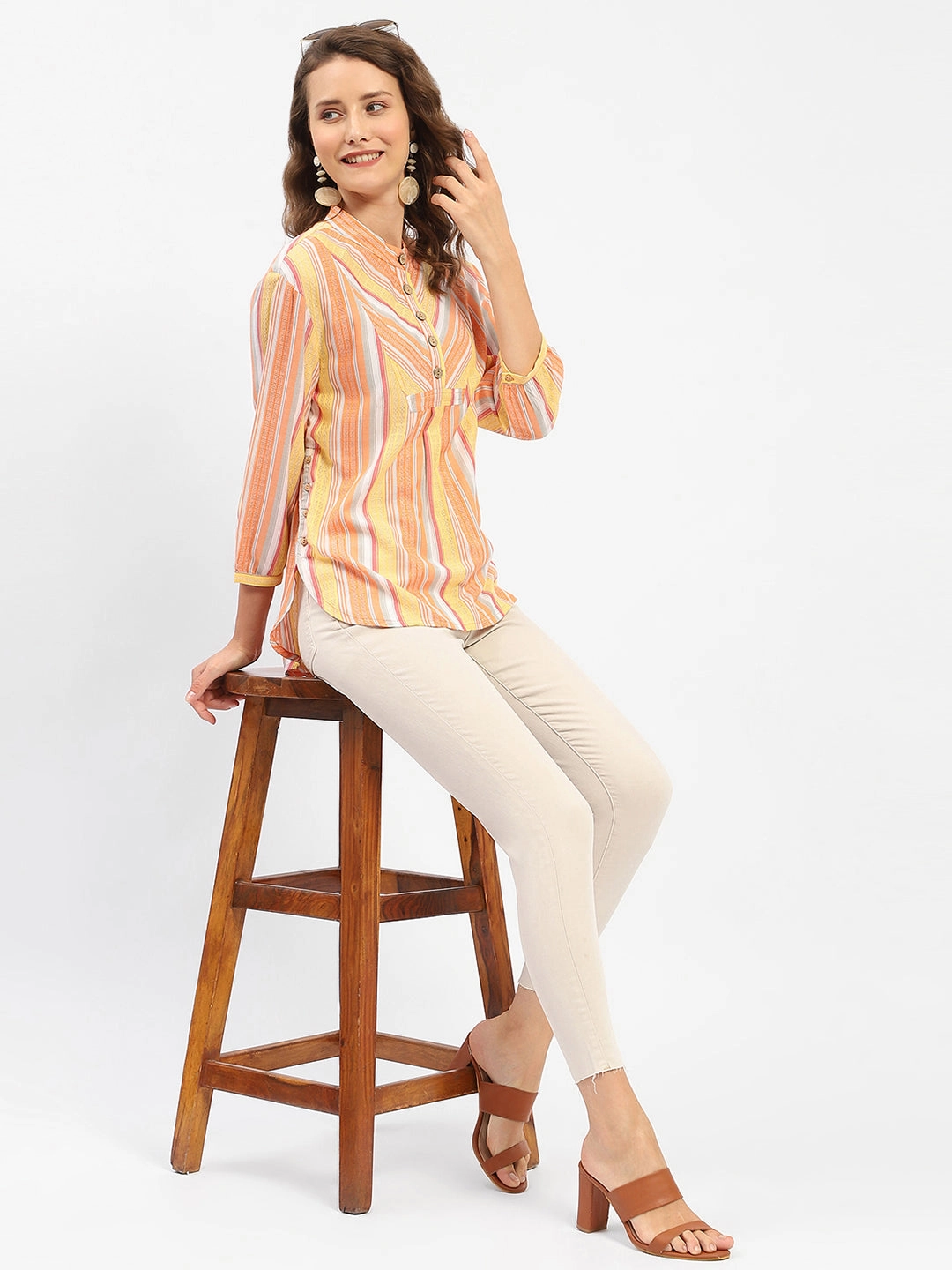 Madame Mandarin Collar Modal Cotton Striped Shirt Country Escape