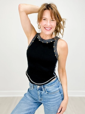 Round Neck Sleeveless Slub Textured Knit Crop Top Vintage Hoodie