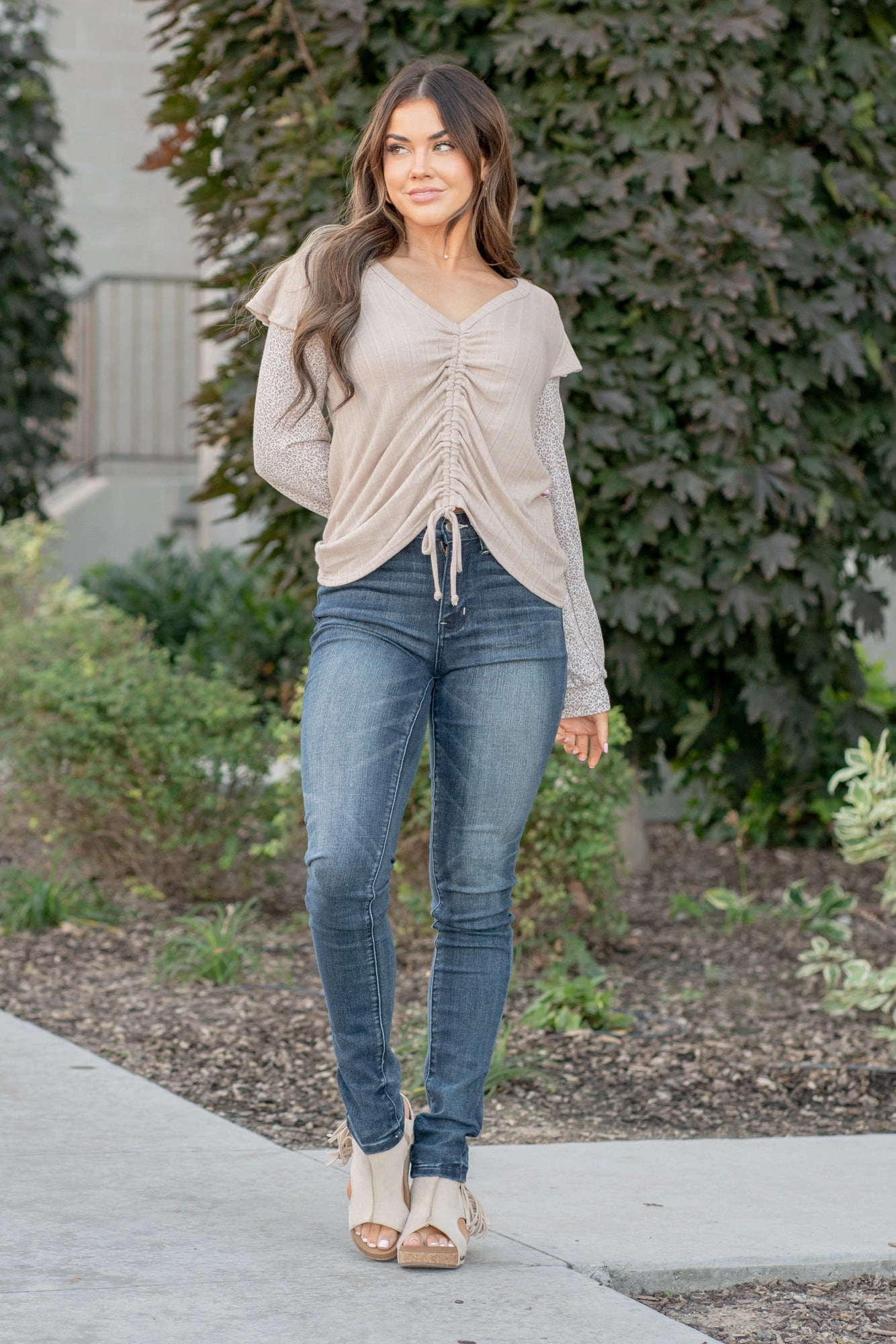 Picnic Outfit Non-Iron Ruching Front Color Block Leopard Knit Top