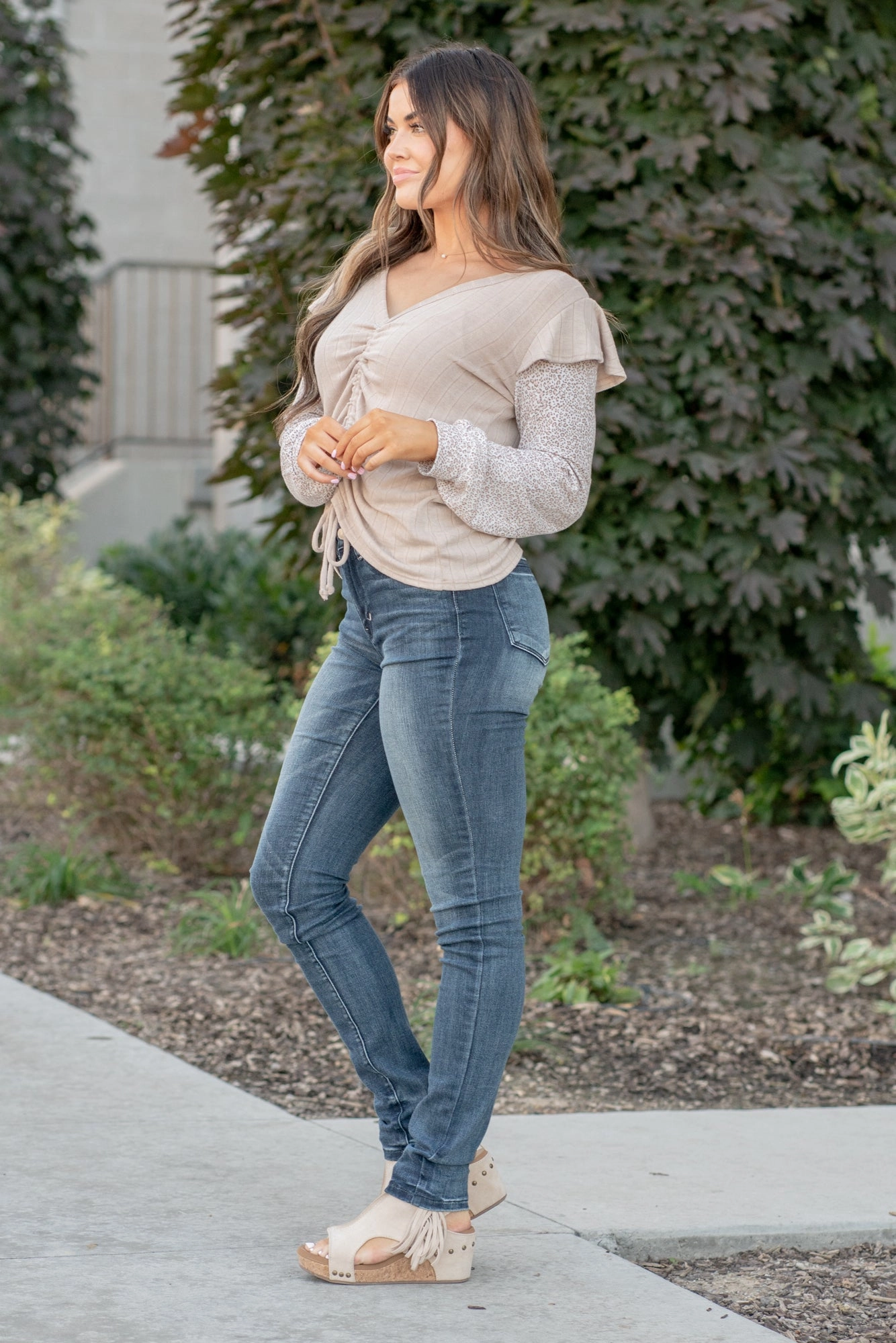 Ruching Front Color Block Leopard Knit Top Statement Maker