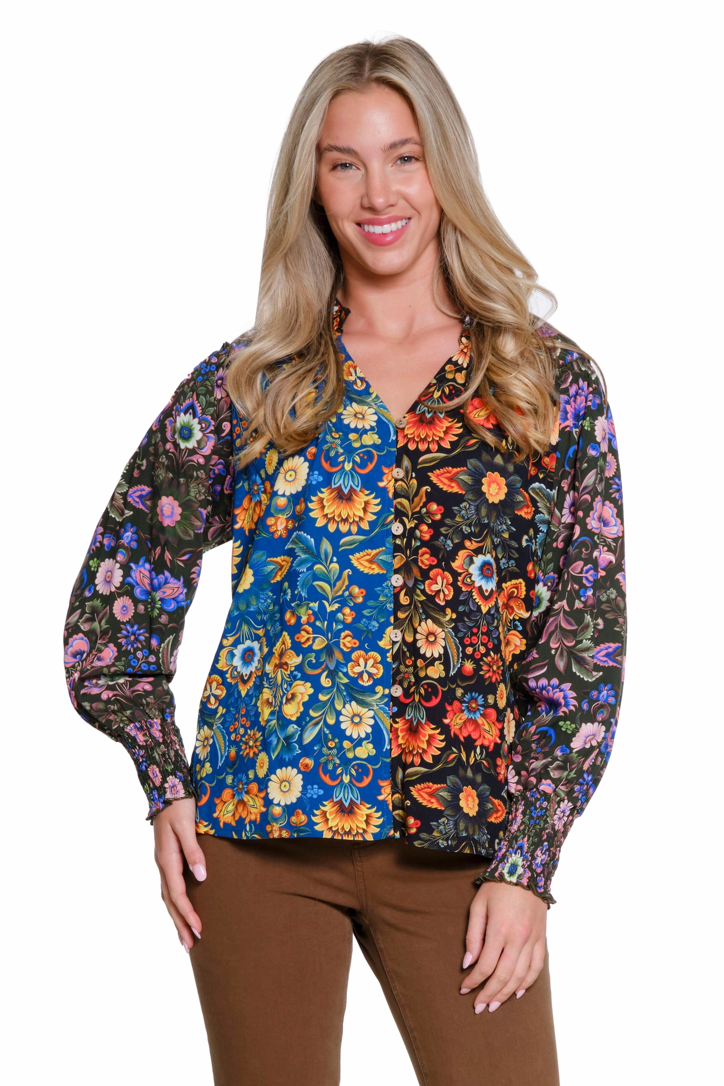 Contrast Stitch Detailing Ruffle Neck Blouse - Multi