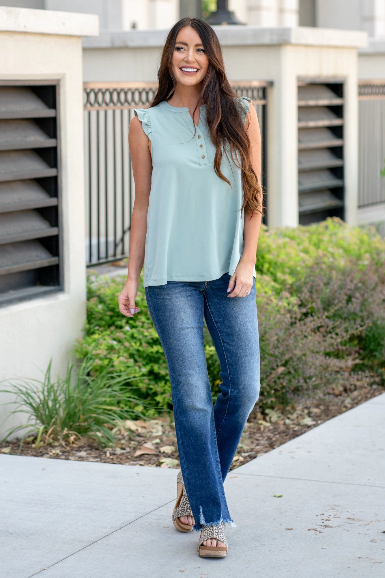 Ruffle Shoulder Knit Top - Seafoam Sophisticated Elegance