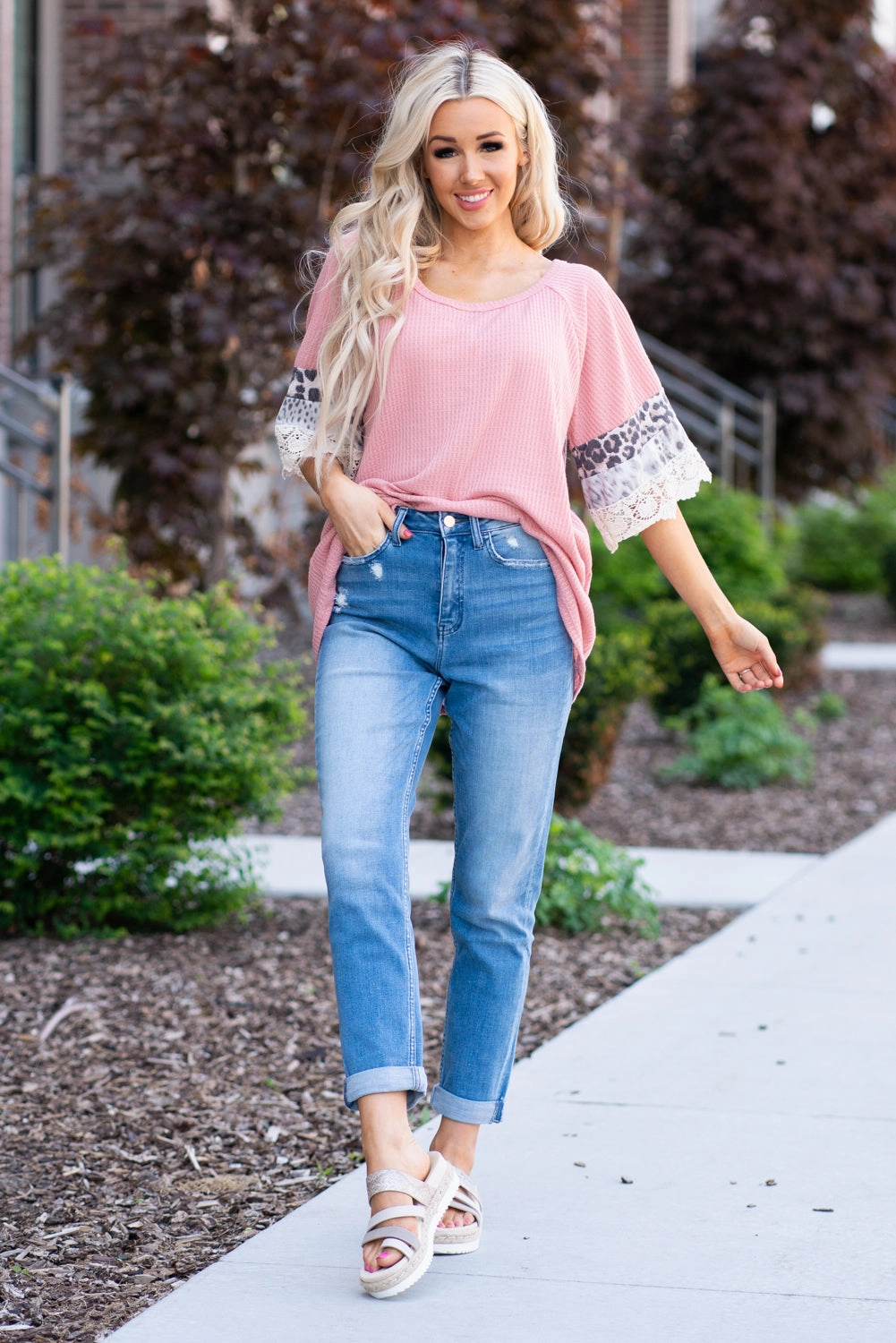 Polished Finish Earthy Palette Ruffle Sleeve Leopard Lace Trimmed Top