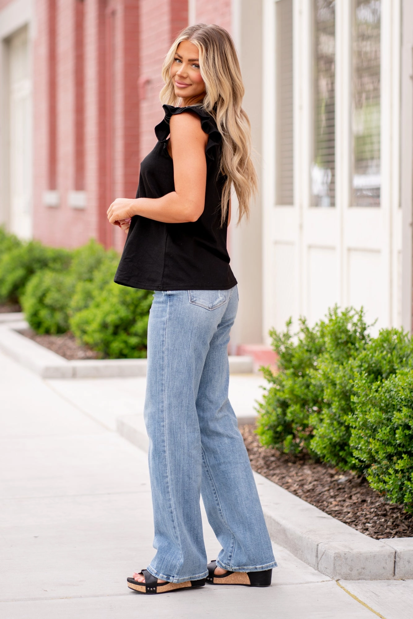 Ruffle Sleeve V Neck Top - Black Sleepwear Versatile Outfit