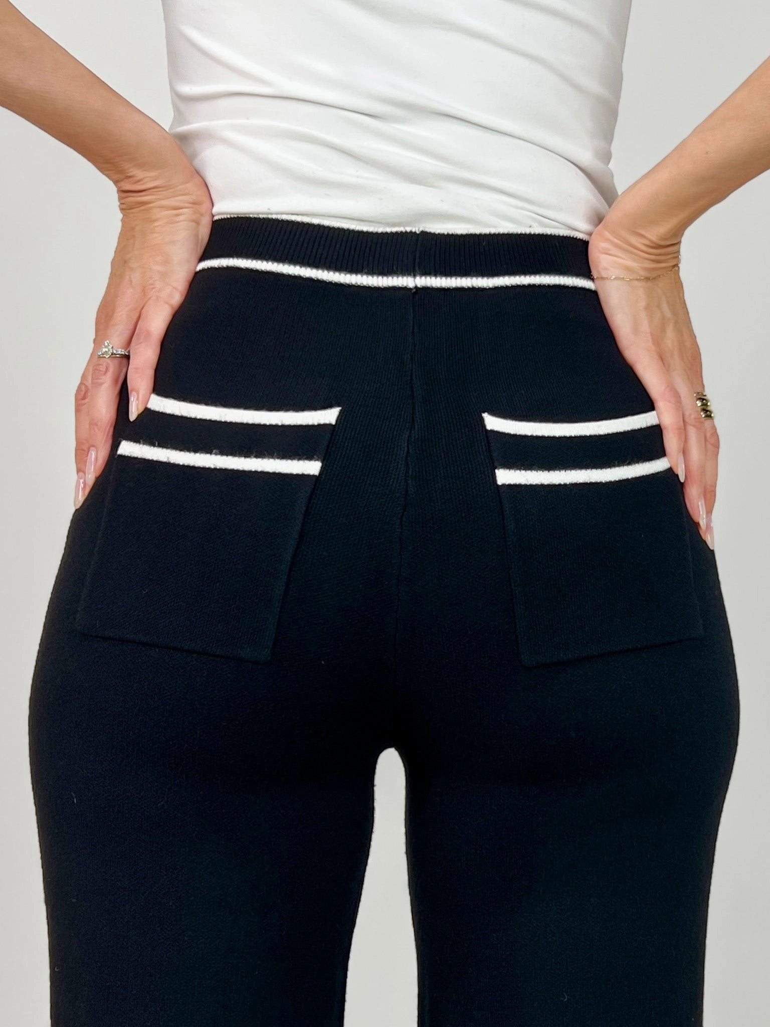 Contrast Piping High Waisted Elastic Waist Band Pants Stain Resistant