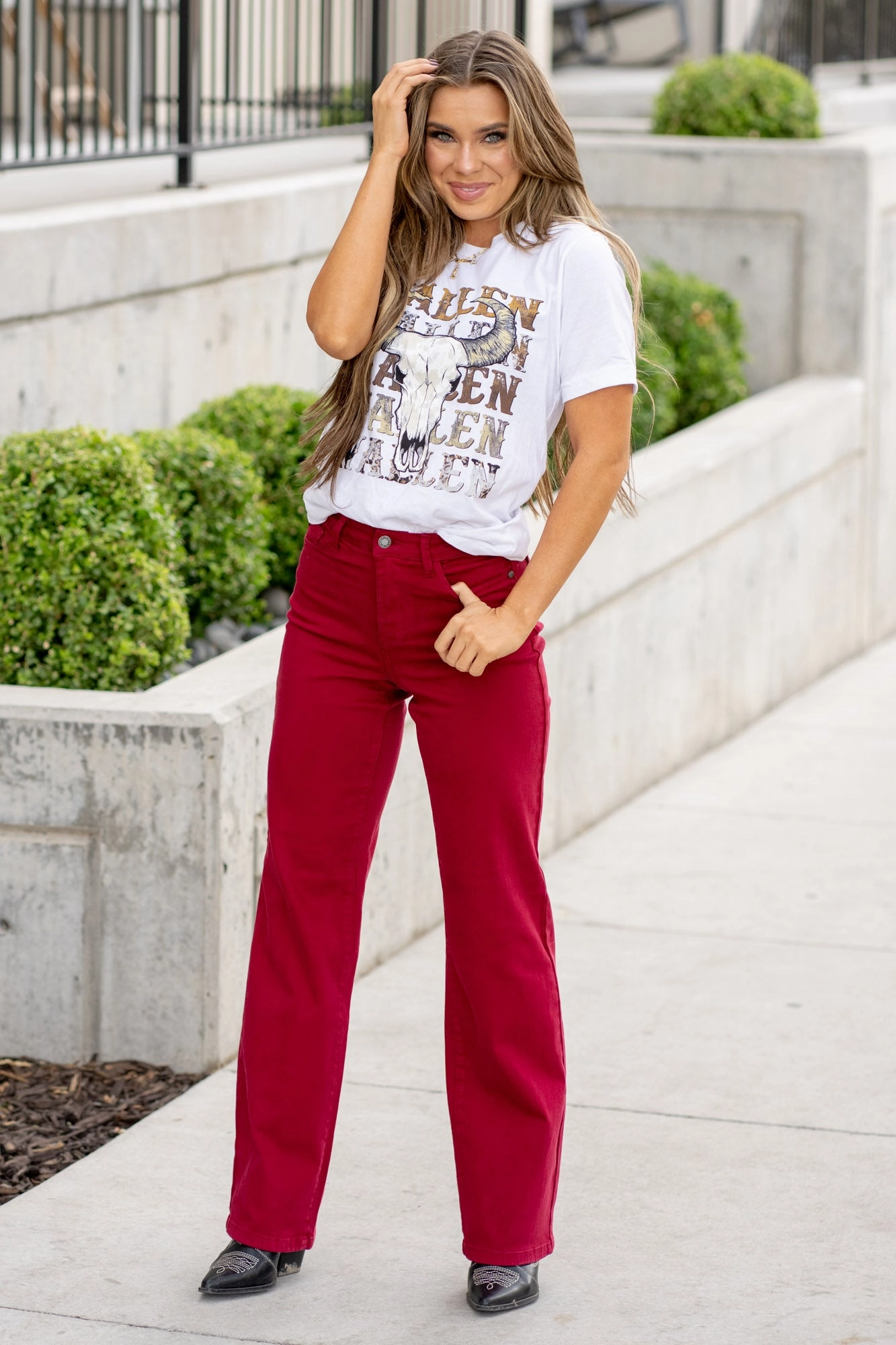 Heart Shaped High Rise Red Straight Leg Regular & Plus Sizes Smooth Texture