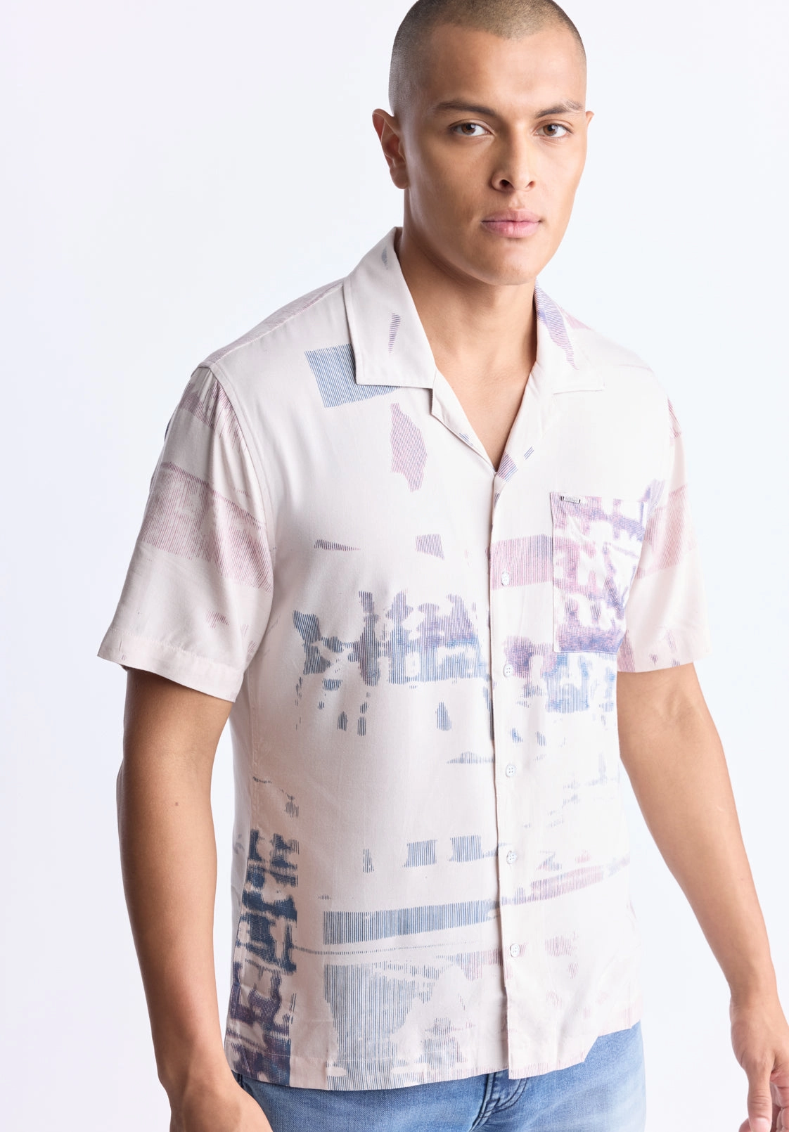 Quality Material Sabob Men's Abstract Print Short-Sleeve Shirt, Moonbeam Beige - BM24523