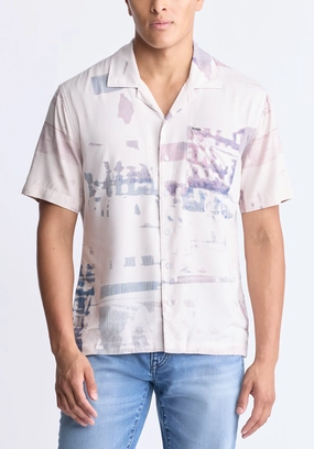 Sabob Men's Abstract Print Short-Sleeve Shirt, Moonbeam Beige - BM24523 vacation wear Gym Companion
